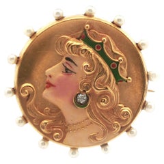 Antique 14k Yellow Gold Diamond & Pearl Brooch/Watch Holder