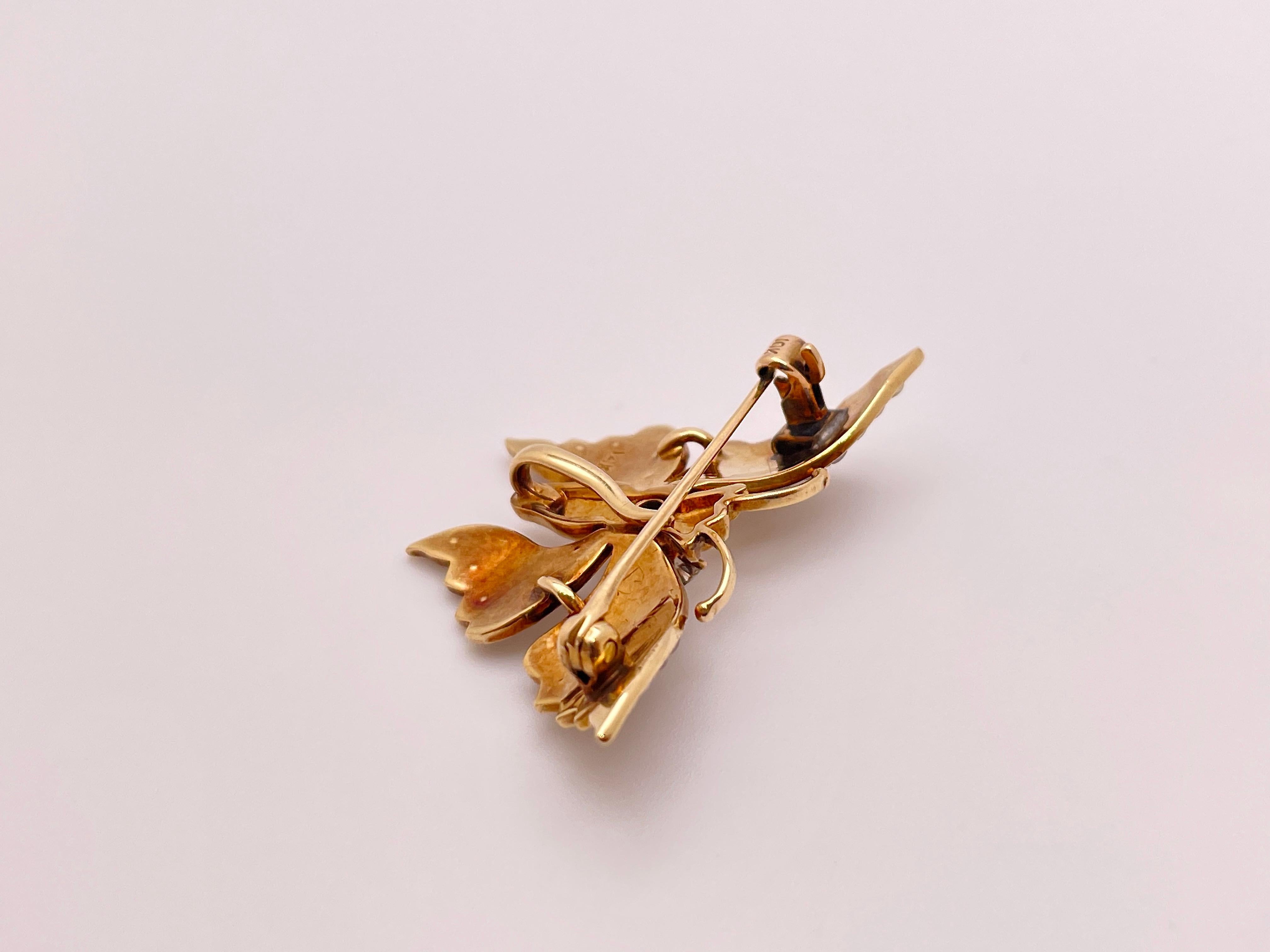14K Yellow Gold Diamond Pearl Butterfly Brooch Pin Pendant For Sale 7