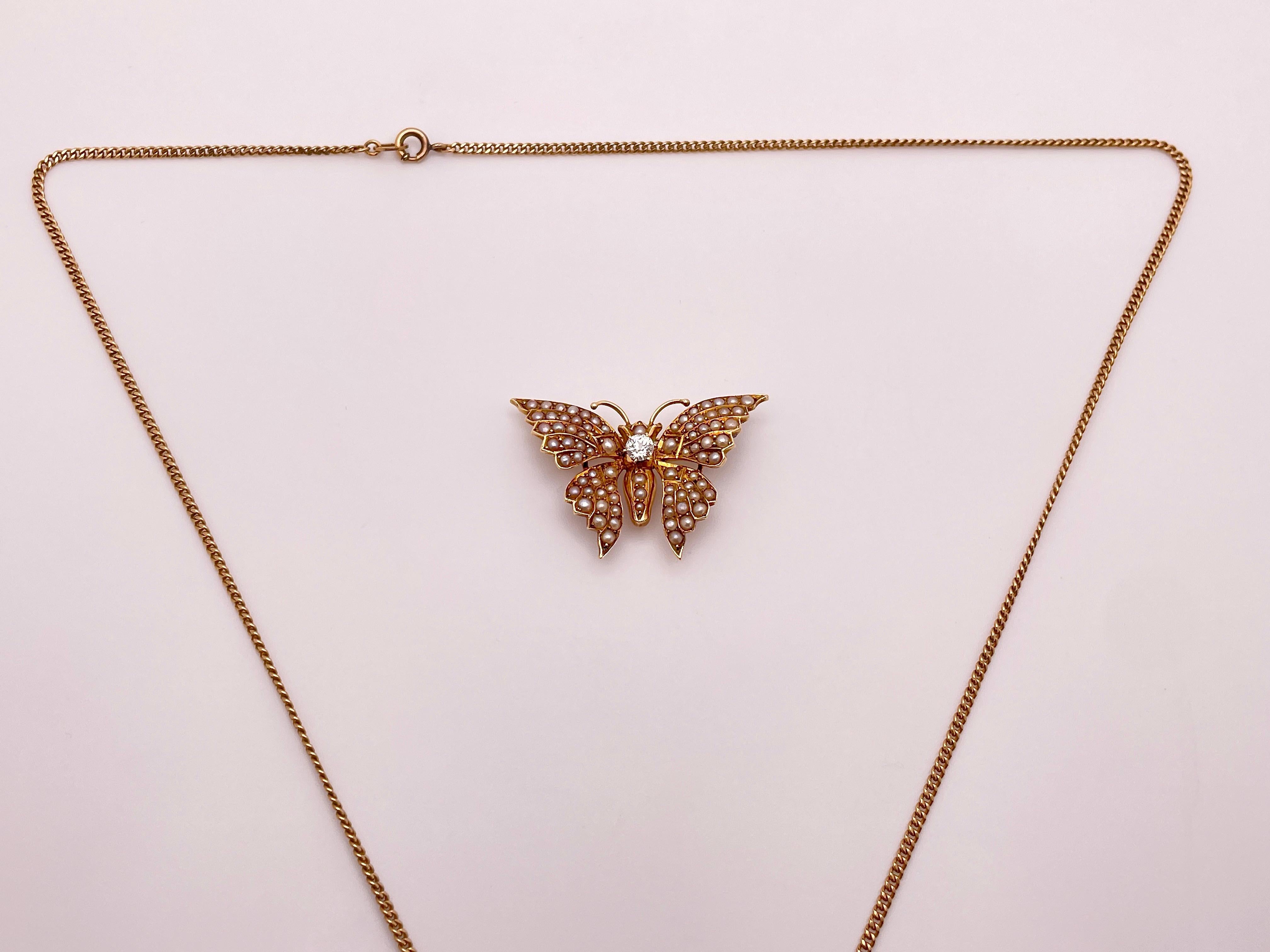 Pendentif broche papillon en or jaune 14 carats avec diamants et perle en vente 8