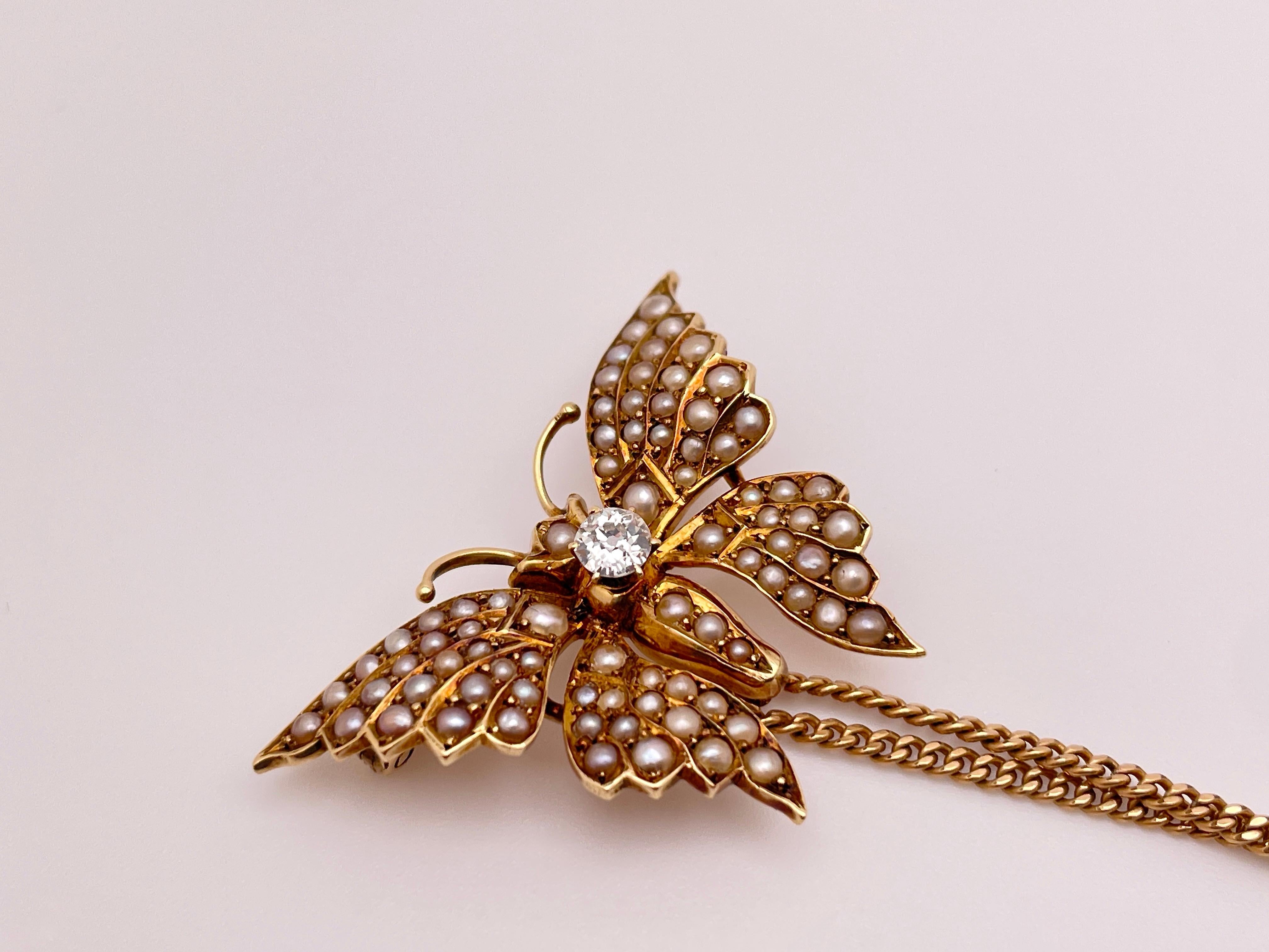 14K Yellow Gold Diamond Pearl Butterfly Brooch Pin Pendant For Sale 1