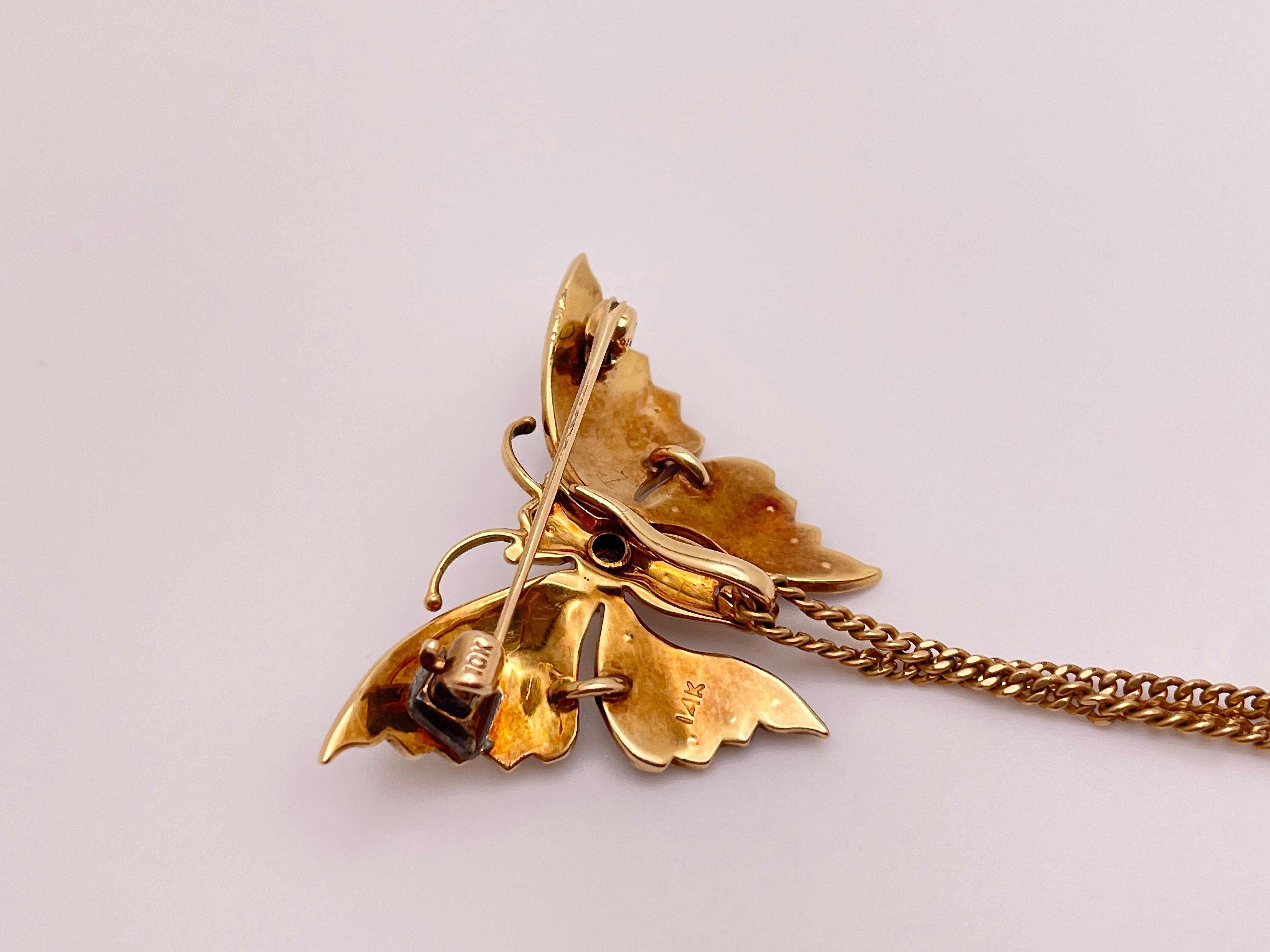 Pendentif broche papillon en or jaune 14 carats avec diamants et perle en vente 2