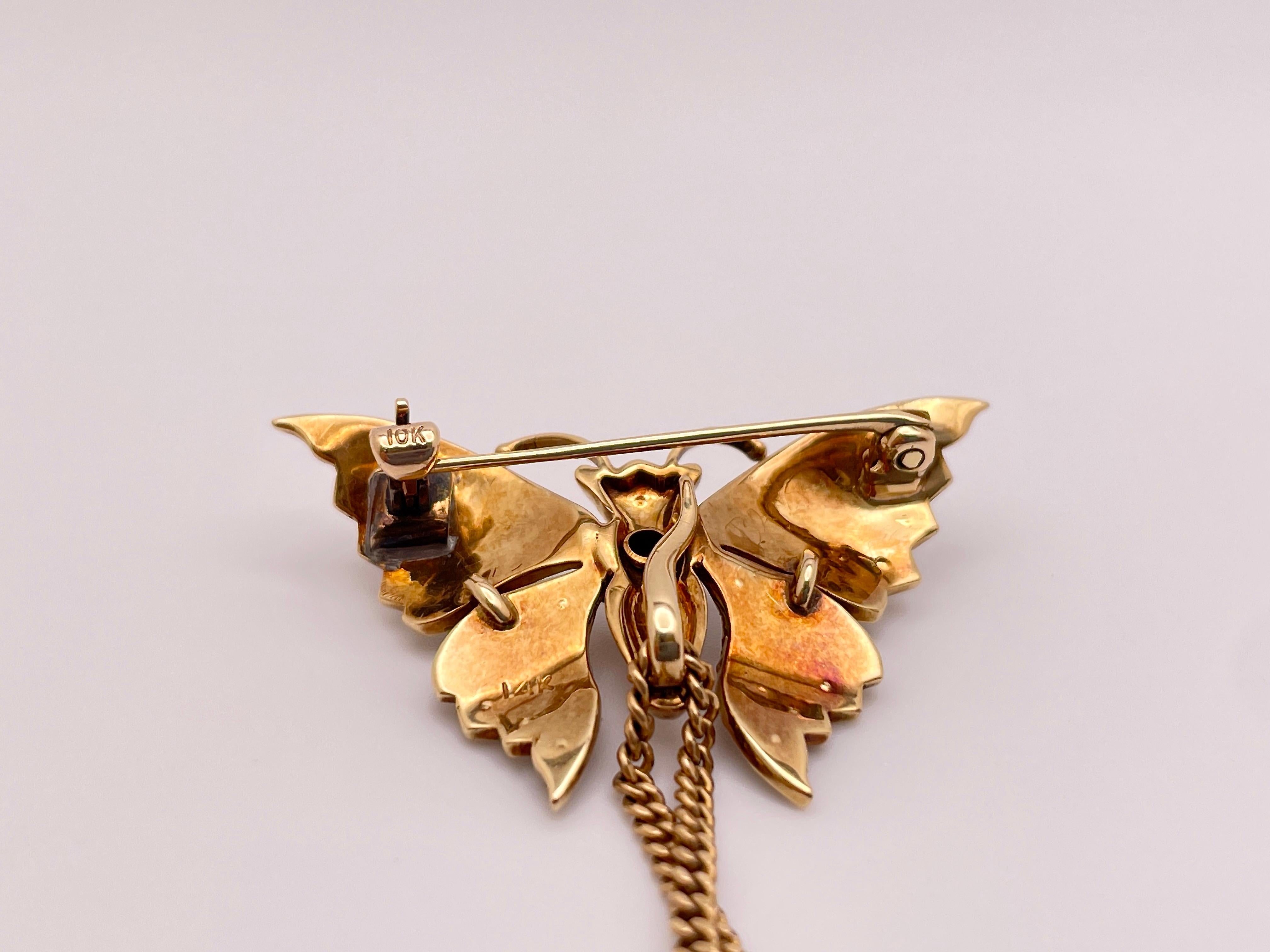 14K Yellow Gold Diamond Pearl Butterfly Brooch Pin Pendant For Sale 3