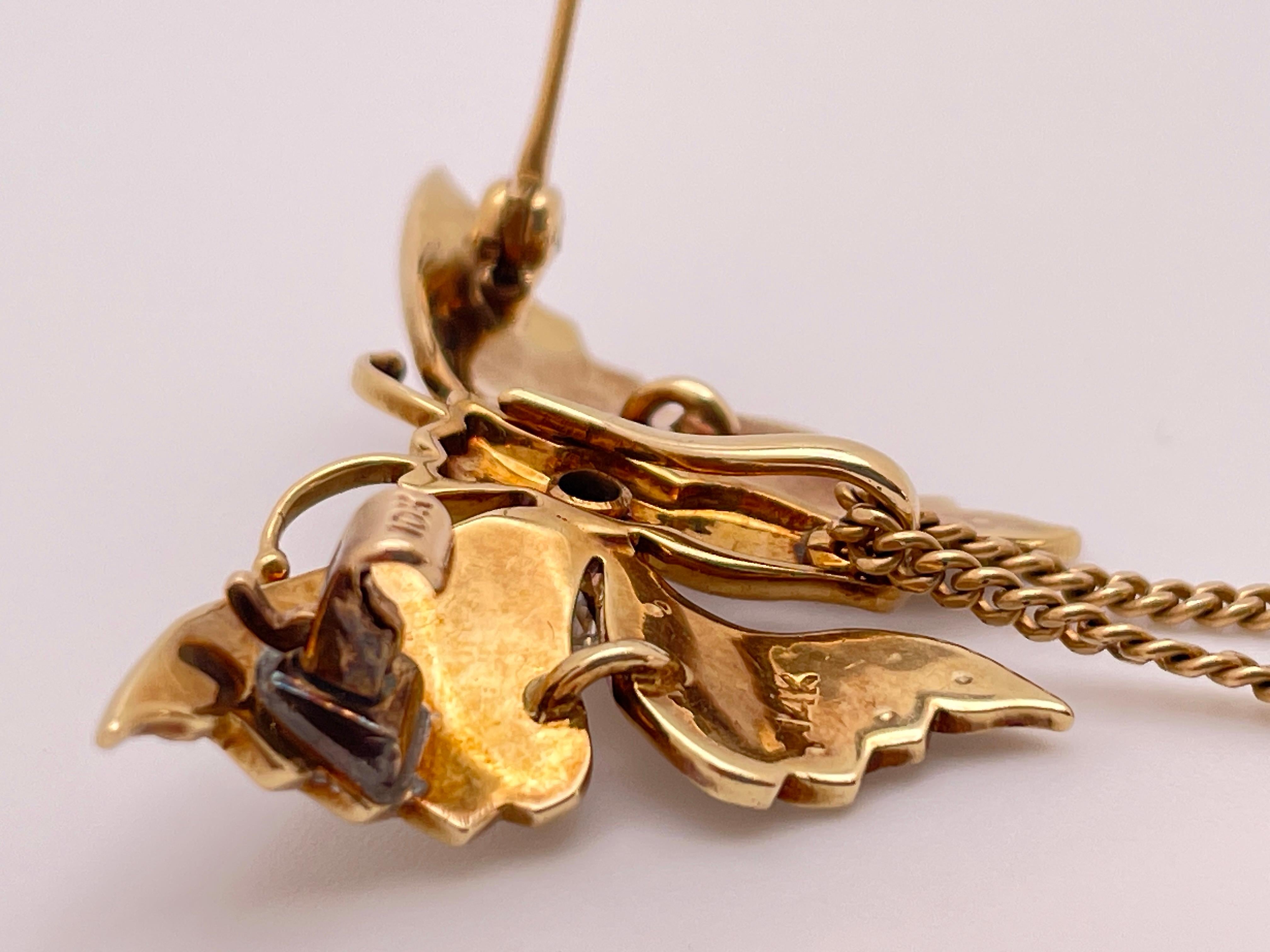 Pendentif broche papillon en or jaune 14 carats avec diamants et perle en vente 4