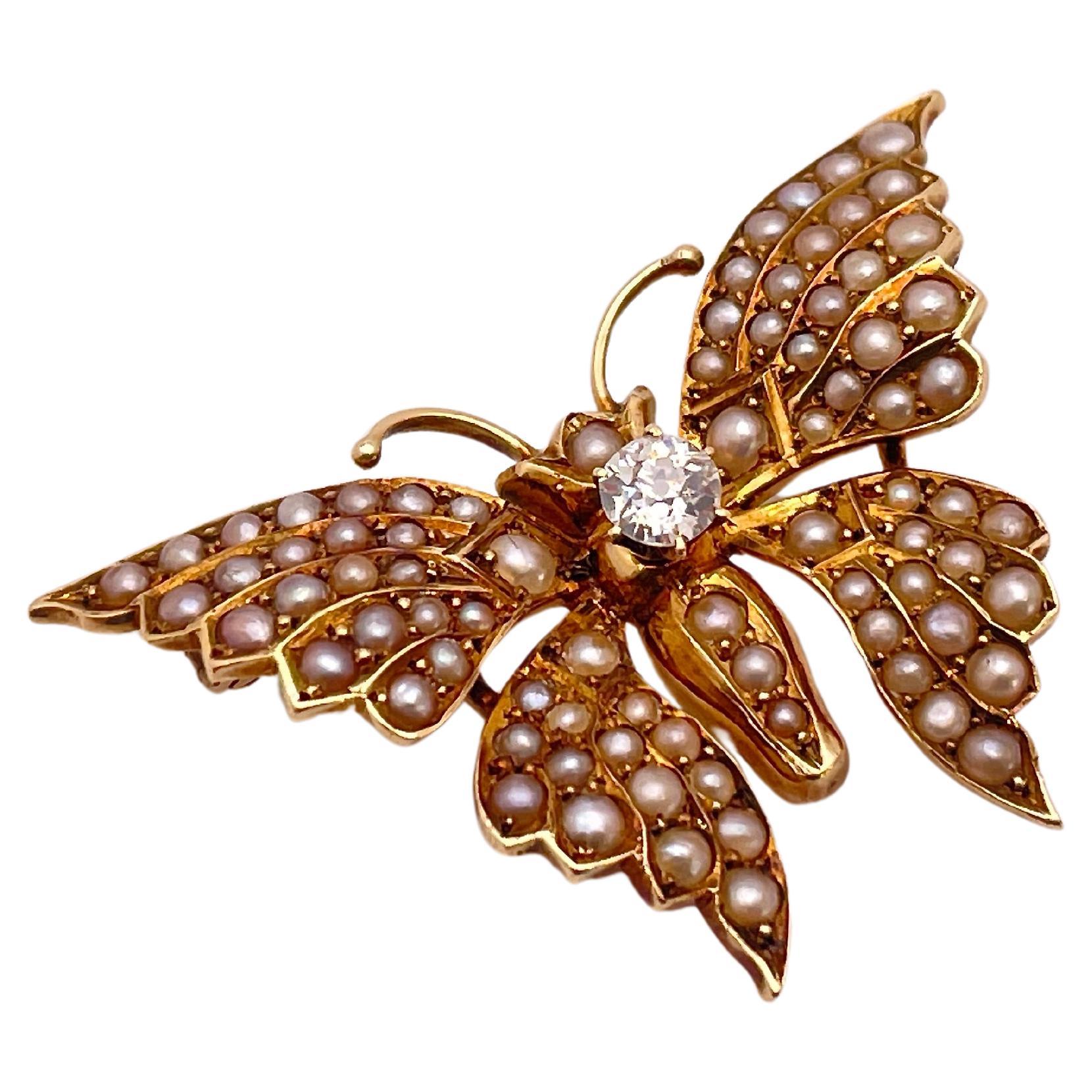 14K Yellow Gold Diamond Pearl Butterfly Brooch Pin Pendant For Sale