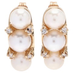 14 Karat Yellow Gold, Diamond and Pearl Earrings