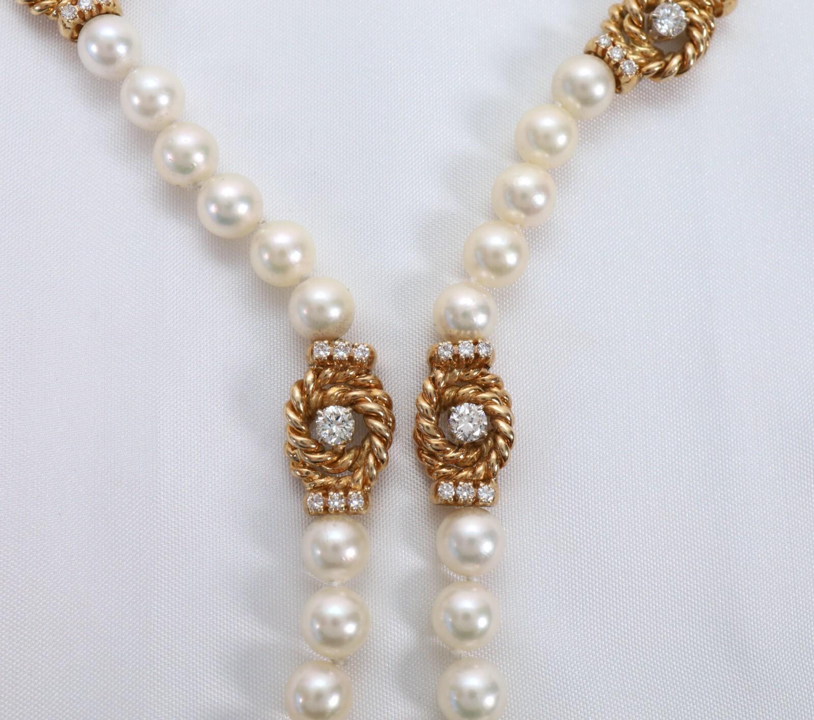 Collar de Diamantes y Perlas de Oro Amarillo de 14k, 21 pulgadas - 78.3g Corte redondo en venta