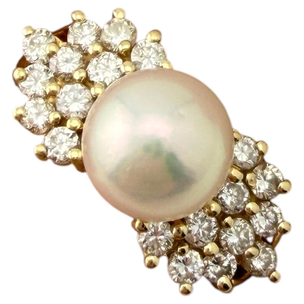 14k Yellow Gold Diamond & Pearl Ring For Sale