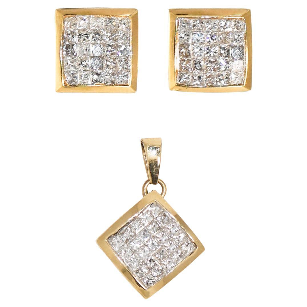 14k Yellow Gold Diamond Pendant & Earring Set, 1.50tdw, 4.4gr