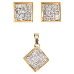 Retro 14k Yellow Gold Diamond Pendant & Earring Set, 1.50tdw, 4.4gr