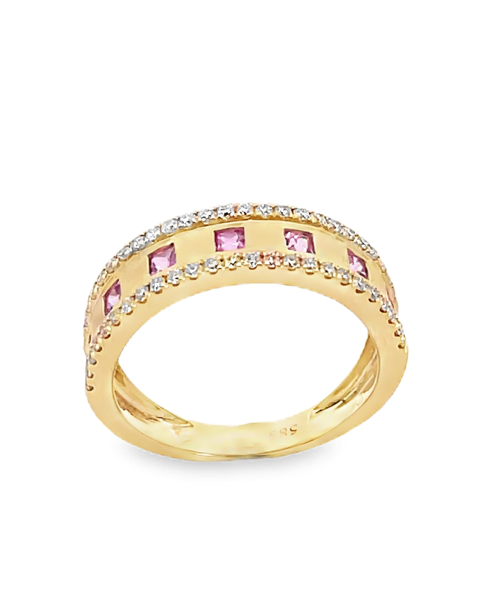 14K yellow gold fashion ring with round diamonds weighing 0.35 carat total and seven pink sapphires weighing 0.47 carat total. 

- Finger size 6.5