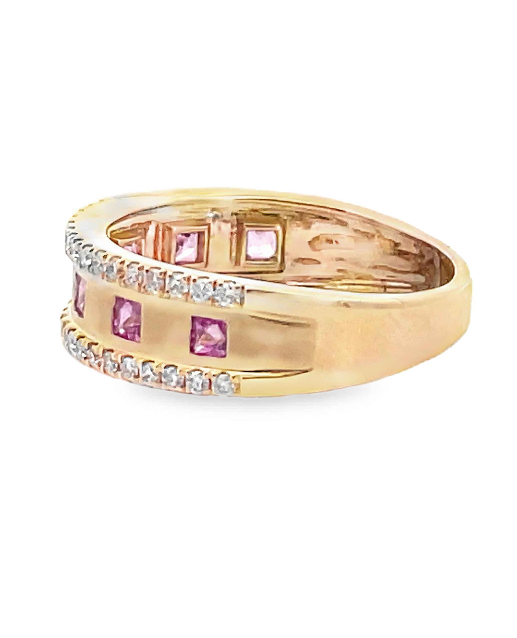 Contemporary 14K Yellow Gold Diamond & Pink Sapphire Fashion Ring For Sale