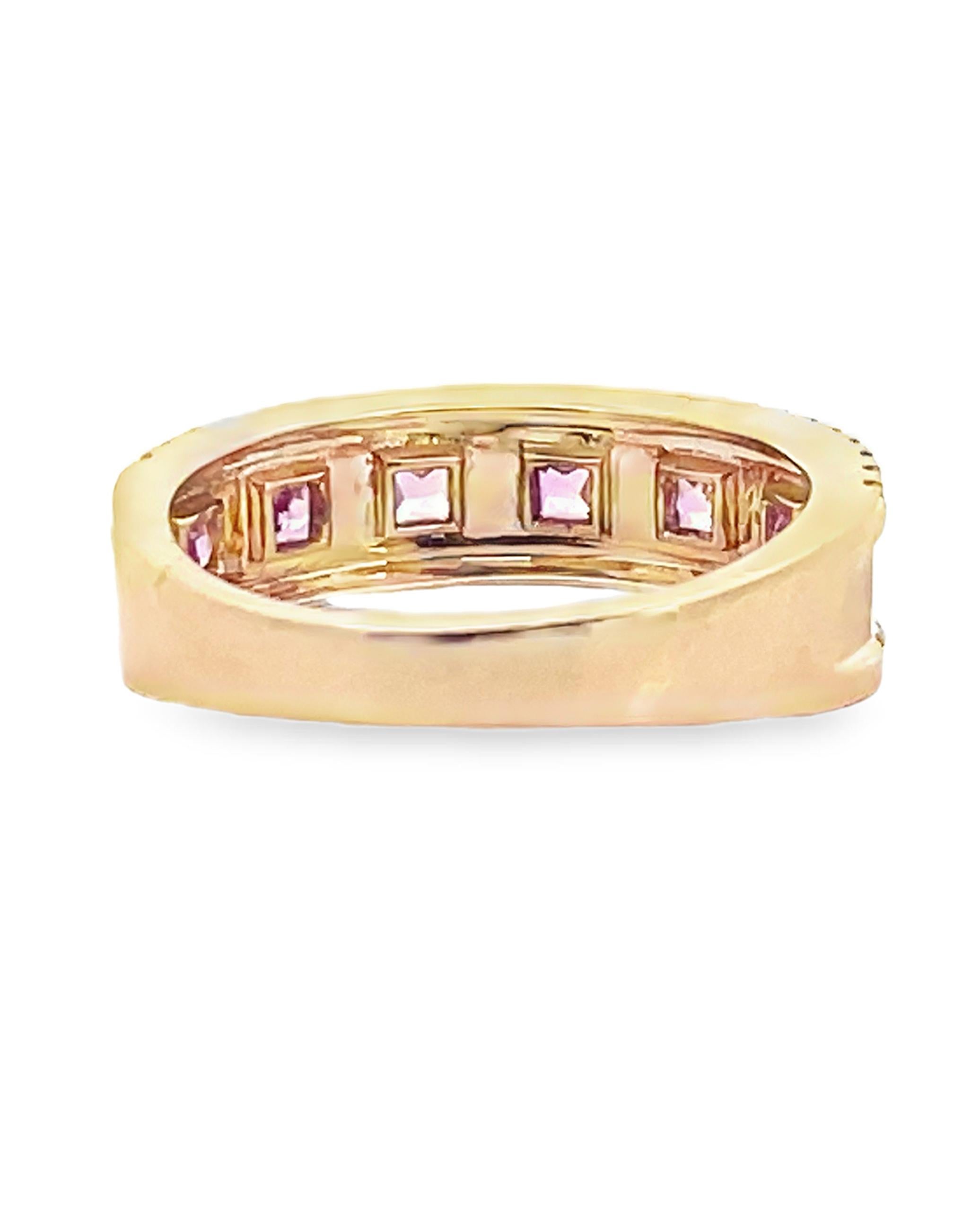Round Cut 14K Yellow Gold Diamond & Pink Sapphire Fashion Ring For Sale