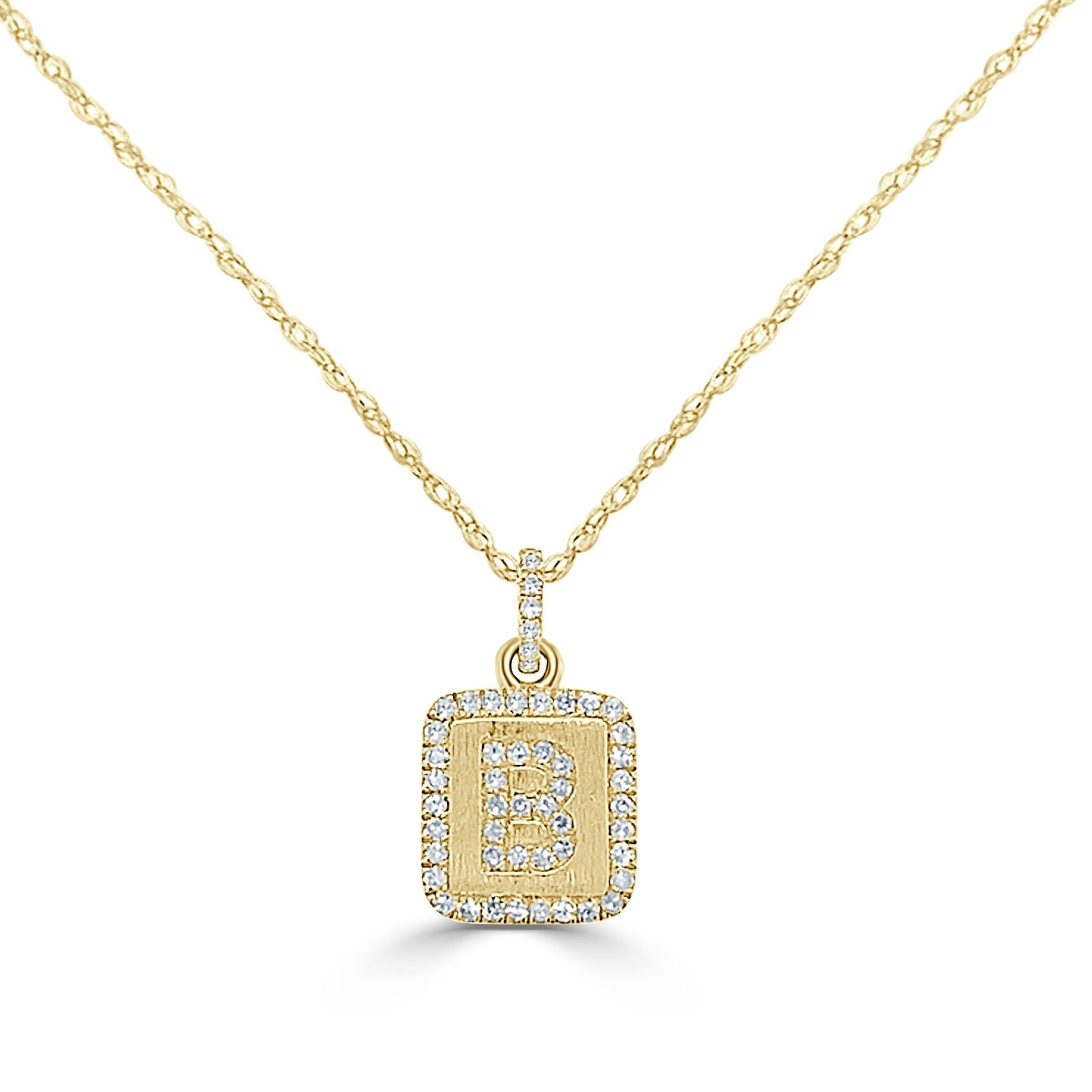 Taille baguette Collier d'initiales B en or jaune 14 carats avec plaque de diamants pour elle en vente