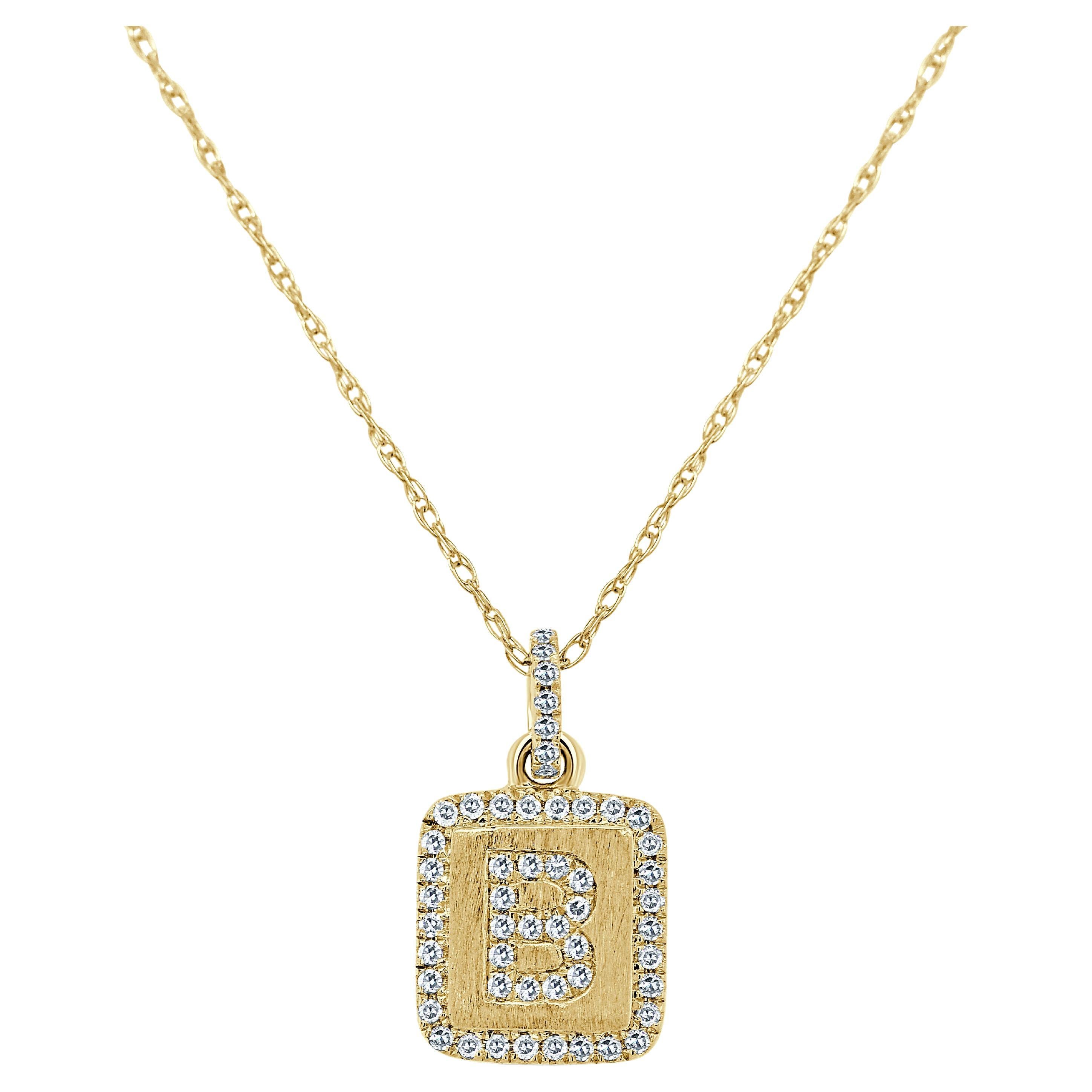 Collier d'initiales B en or jaune 14 carats avec plaque de diamants pour elle en vente