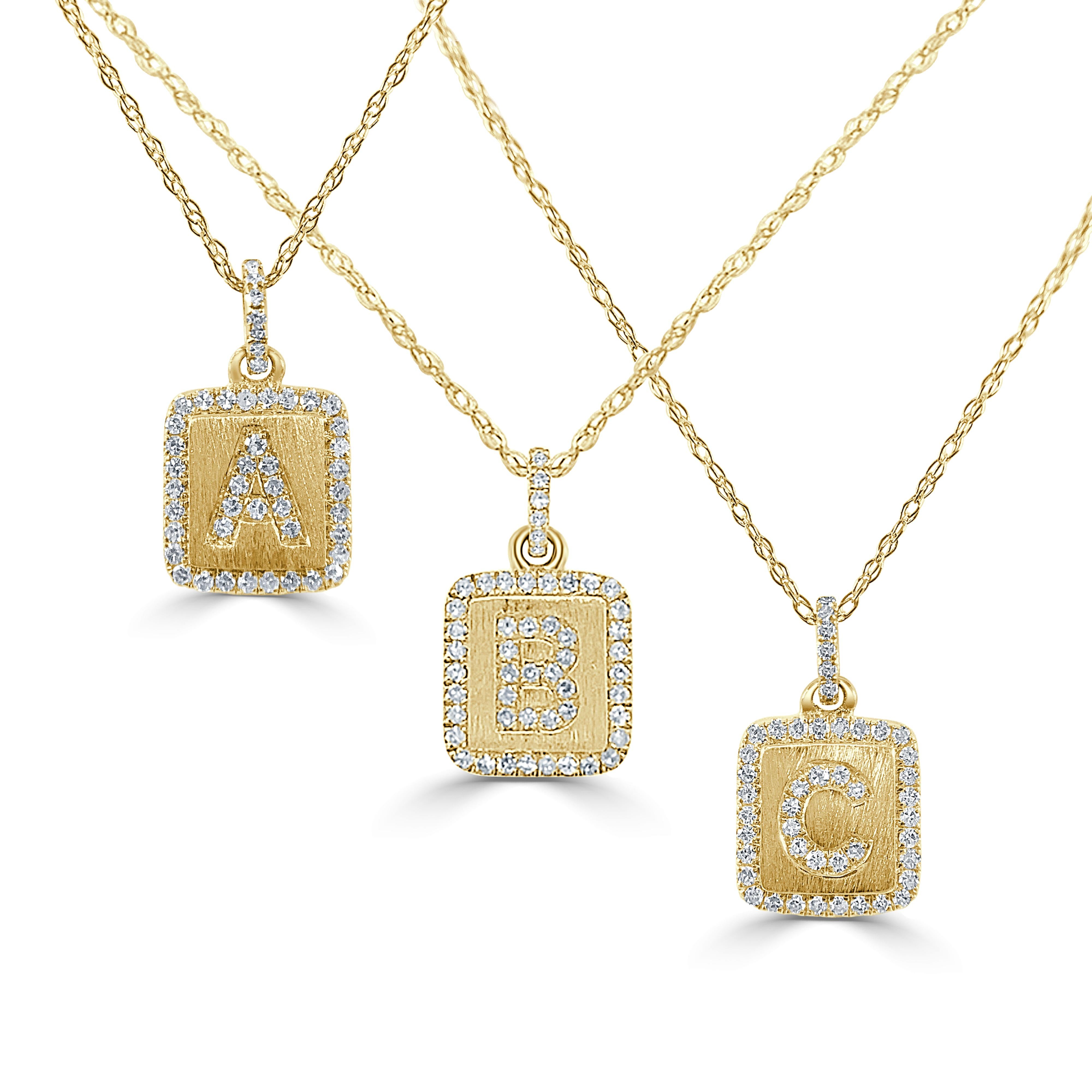 Baguette Cut 14K Yellow Gold Diamond Plate Initals C Necklace for Her For Sale