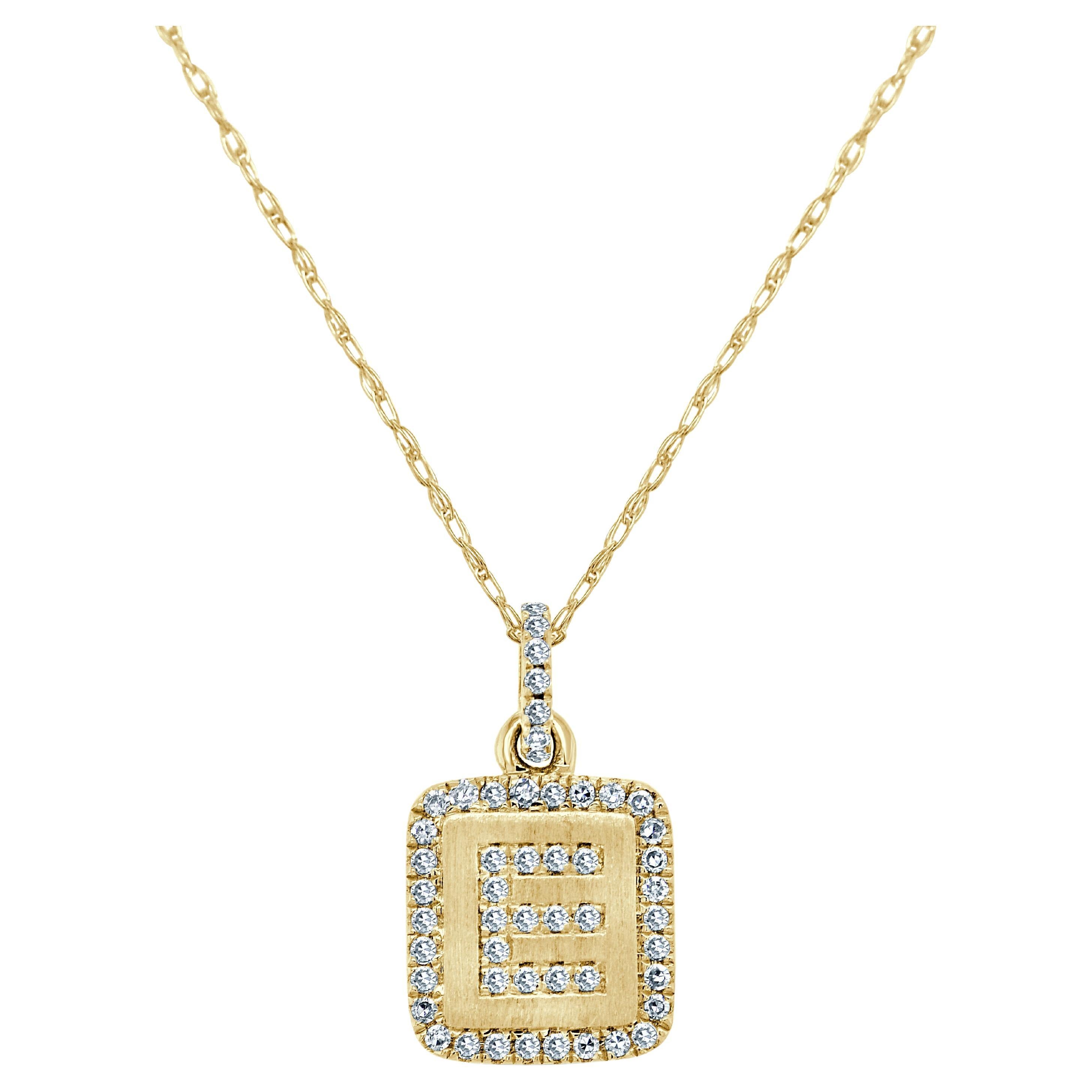 14K Yellow Gold Diamond Plate Initals E Necklace for Her For Sale