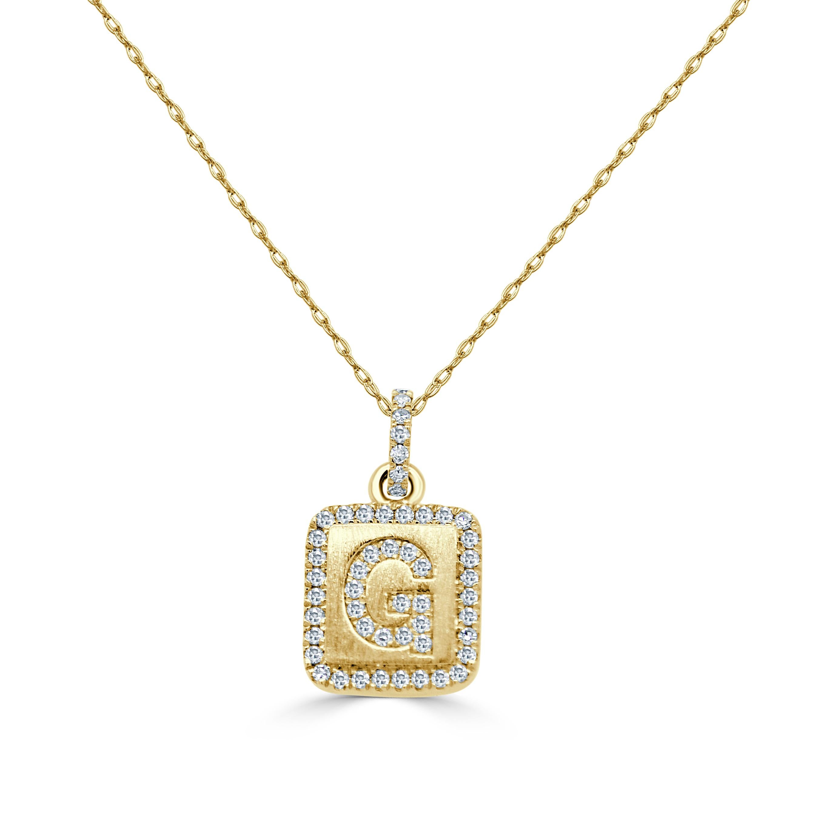 Taille baguette Collier d'initiales en or jaune 14 carats avec plaque de diamants en forme de G pour elle en vente