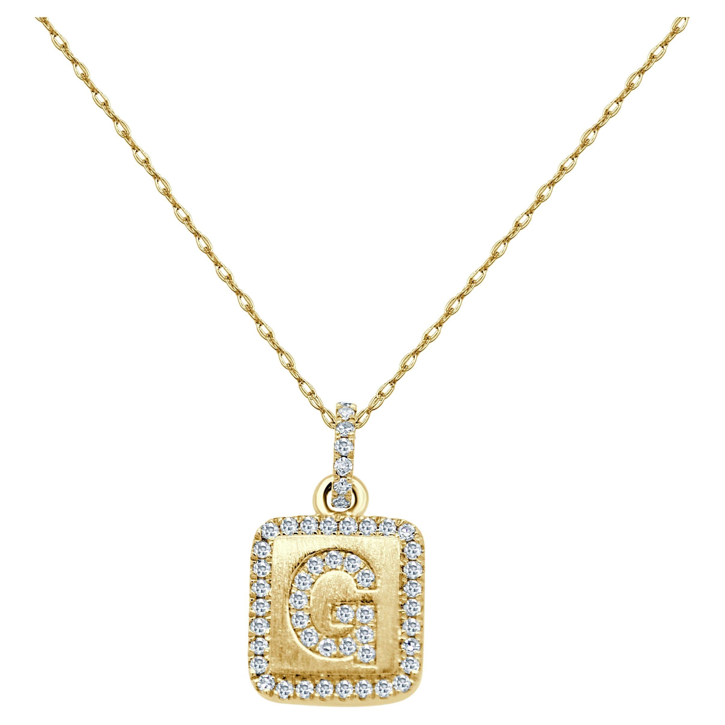 Collier d'initiales en or jaune 14 carats avec plaque de diamants en forme de G pour elle en vente