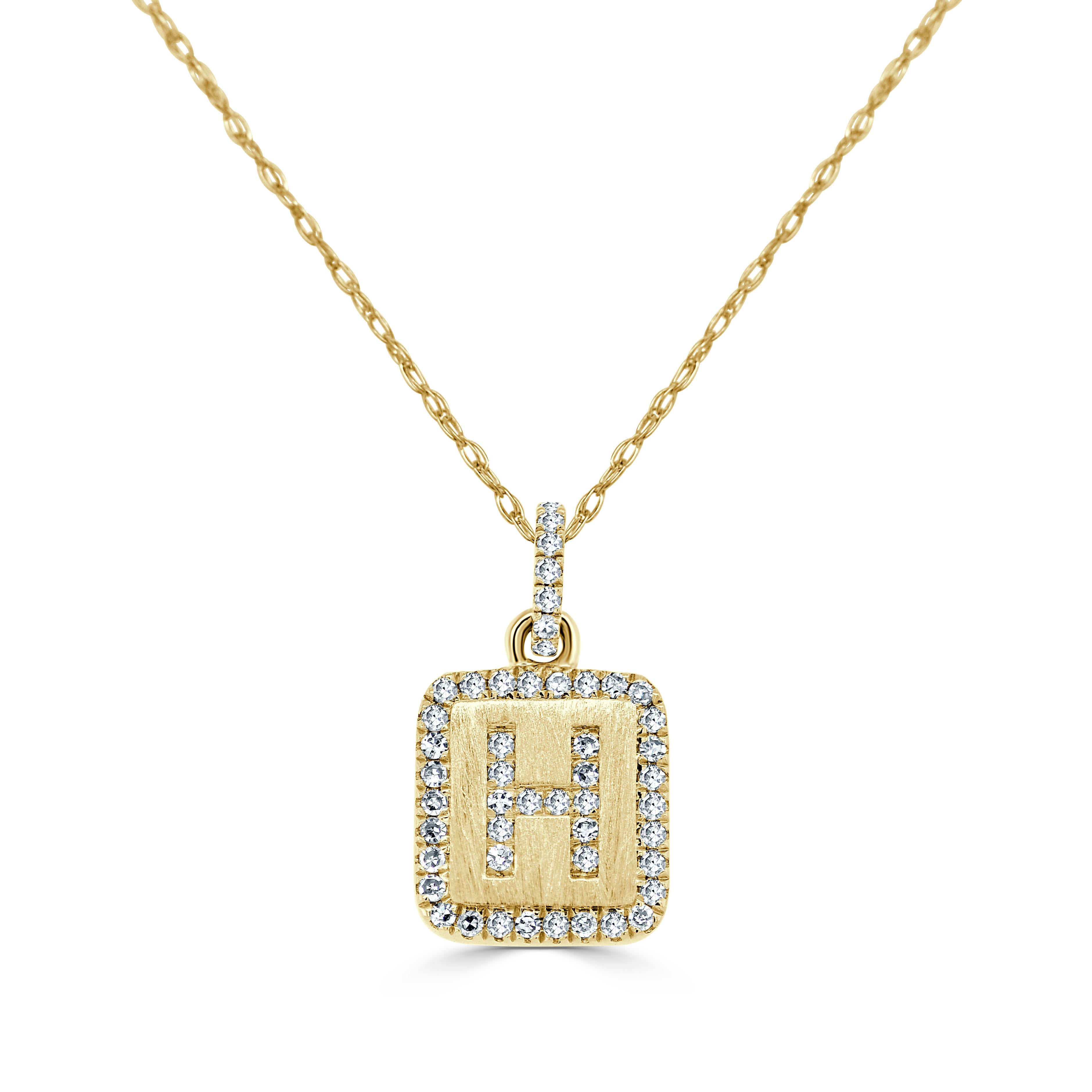 Taille baguette Collier d'initiales H en or jaune 14 carats avec plaque de diamants pour elle en vente