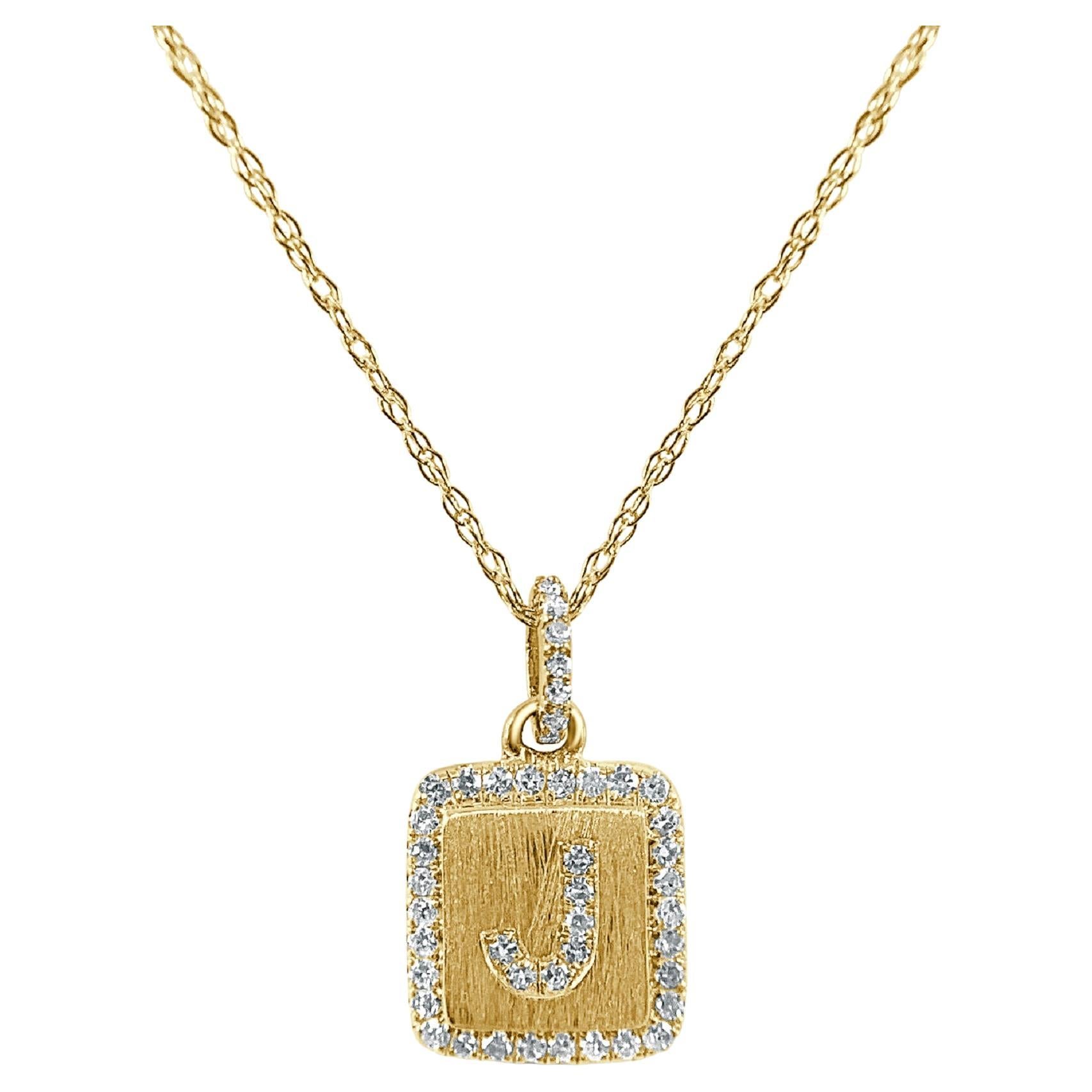 Collier d'initiales J en or jaune 14 carats avec plaque de diamants pour elle