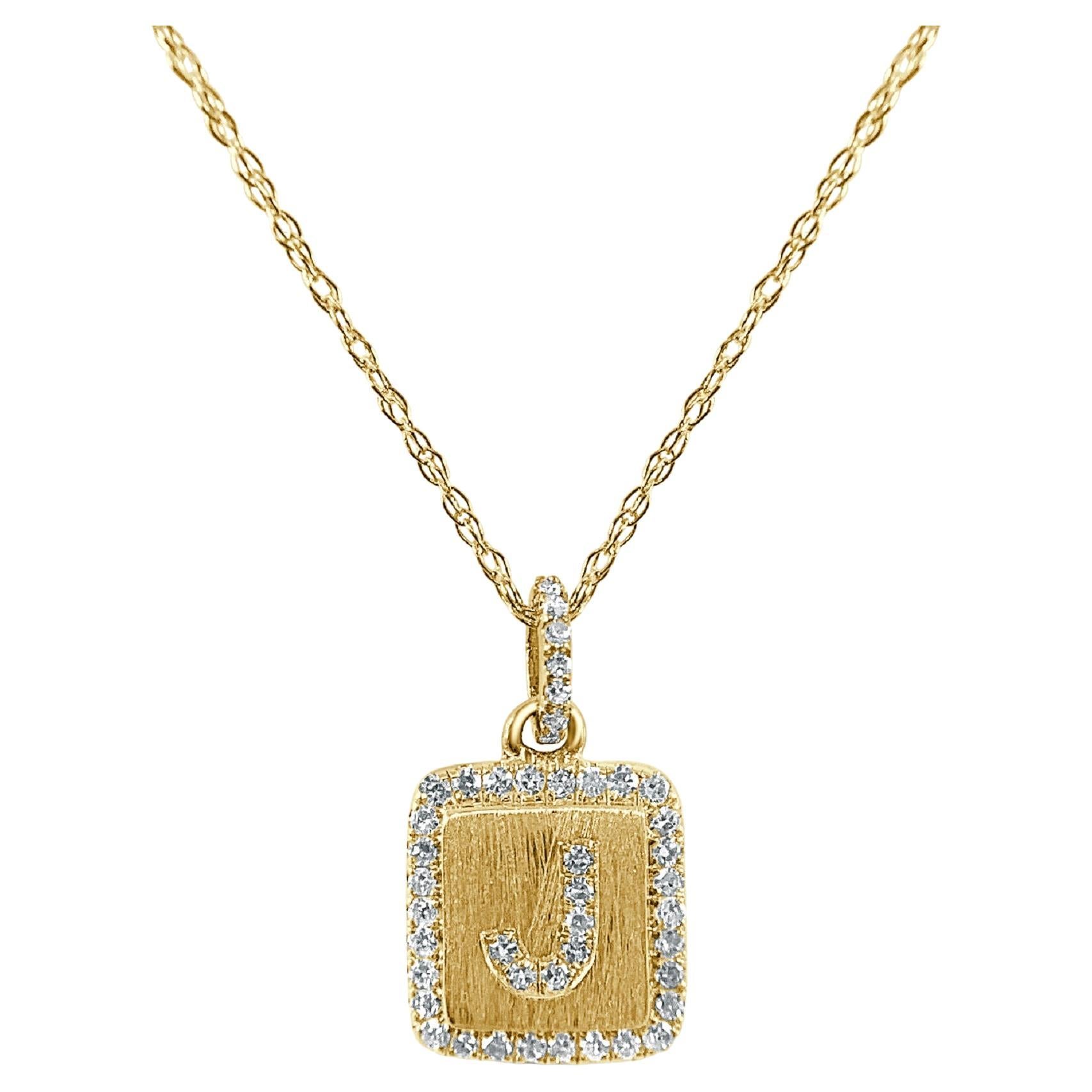 14K Yellow Gold Diamond Plate Initals J Necklace for Her