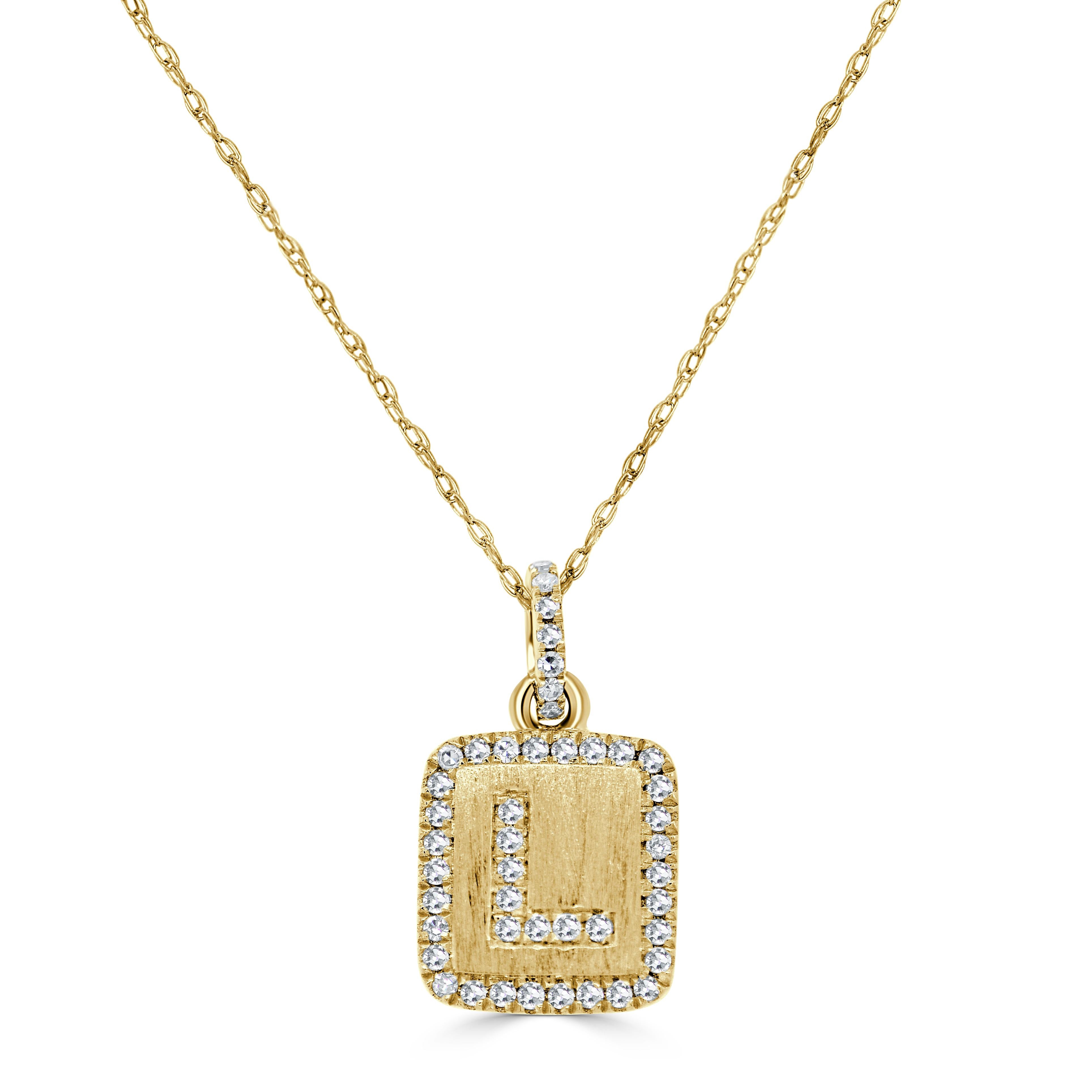 Baguette Cut 14K Yellow Gold Diamond Plate Initals L Necklace for Her For Sale