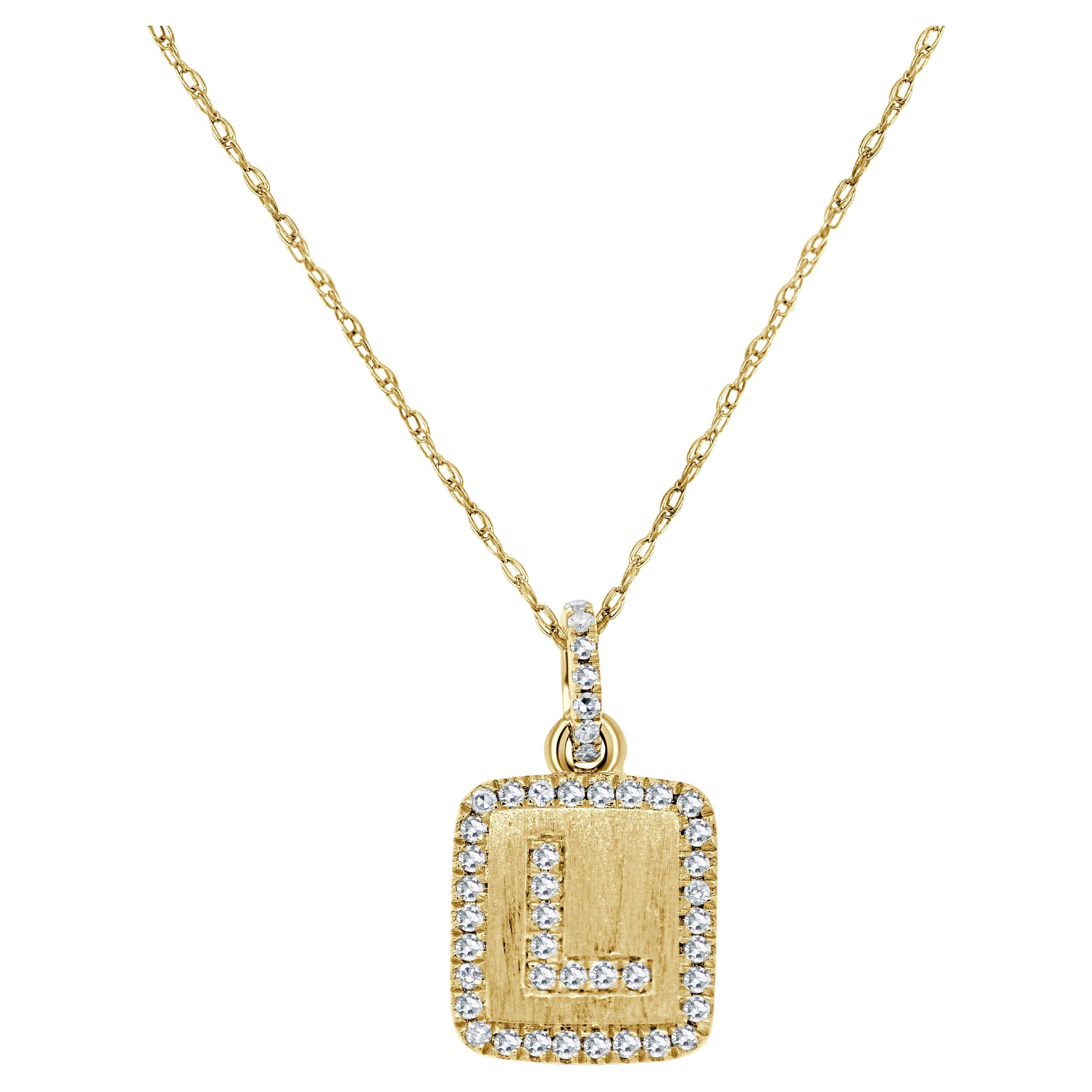 Collier d'initiales L en or jaune 14 carats avec plaque de diamants pour elle
