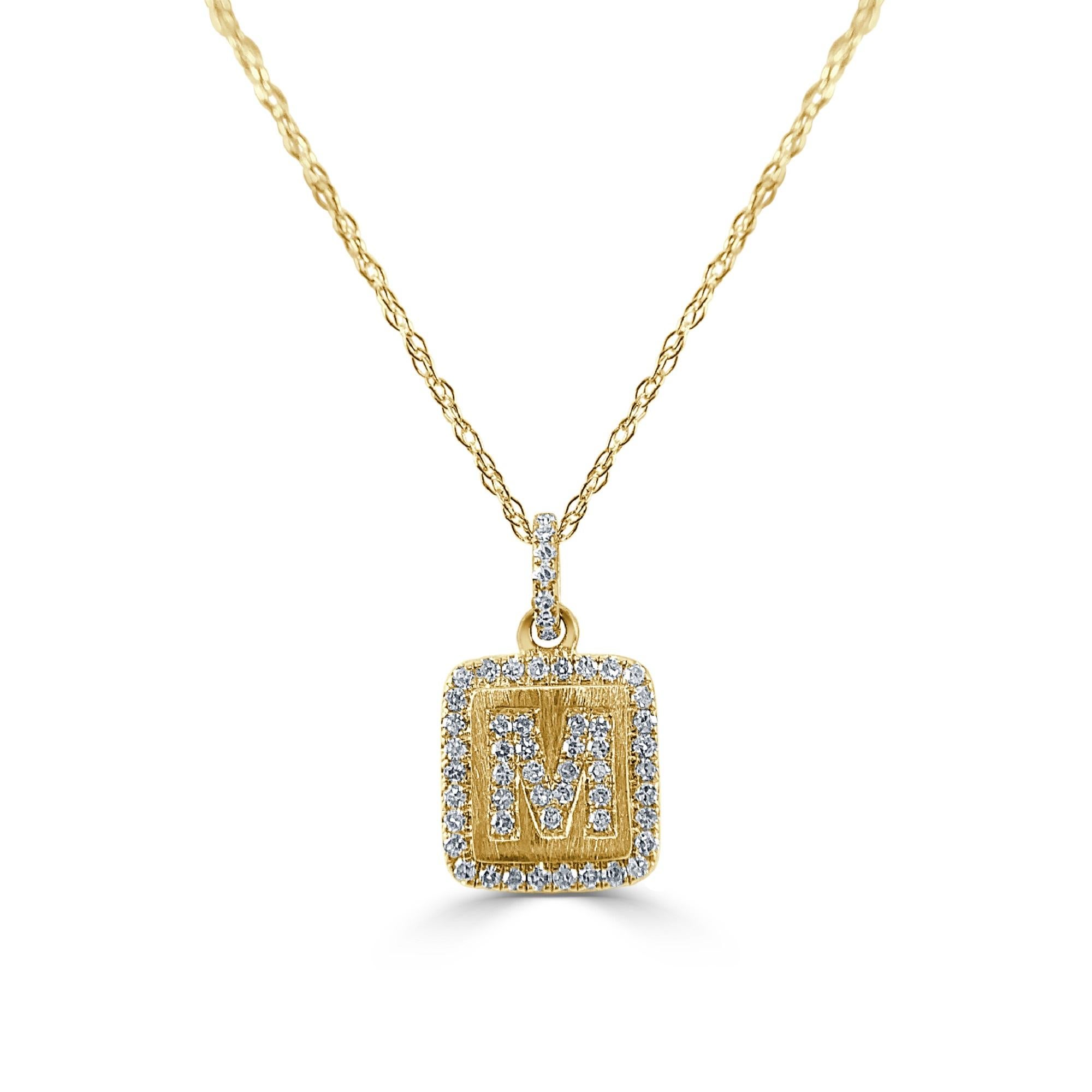 Baguette Cut 14K Yellow Gold Diamond Plate Initals M Necklace for Her For Sale