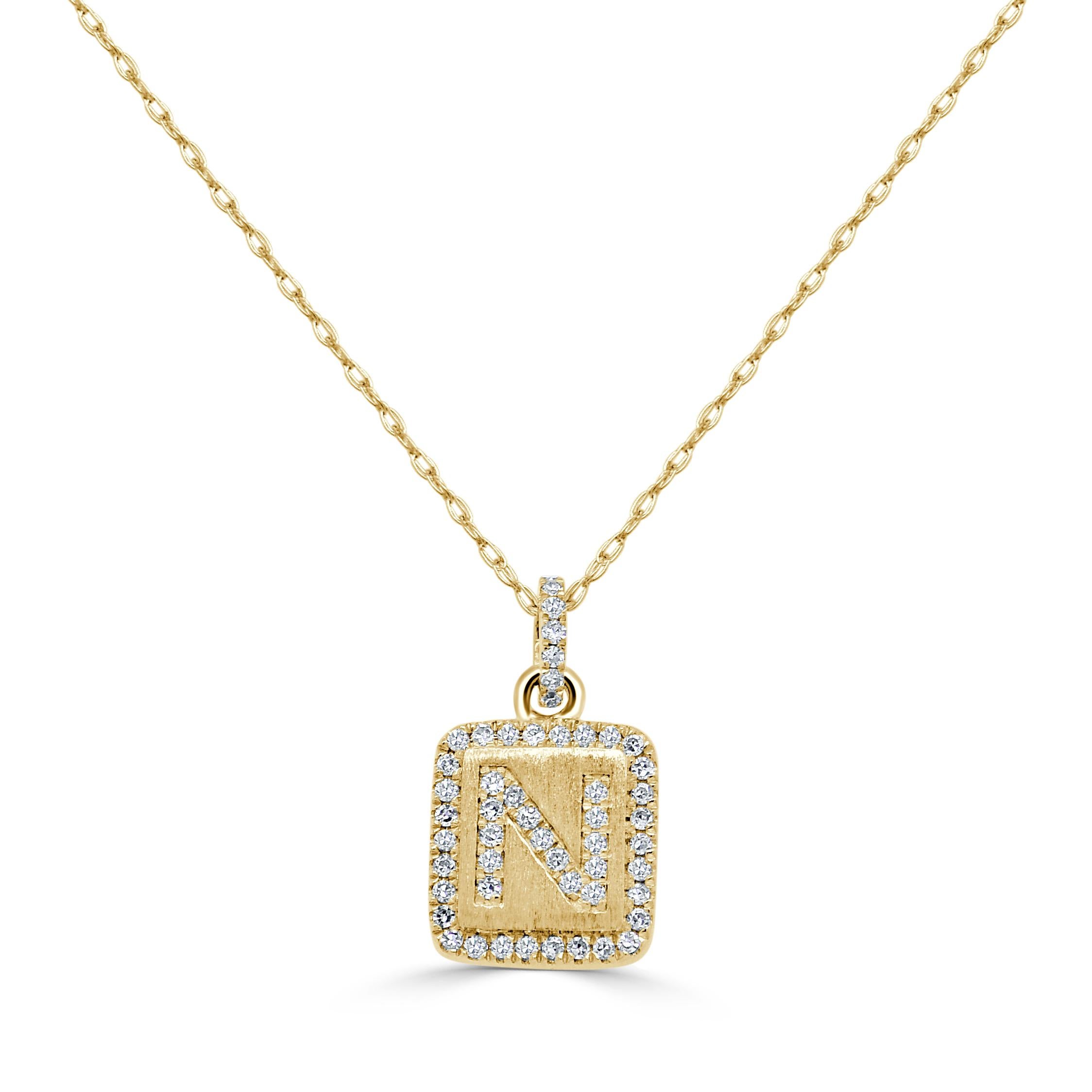 Contemporary 14K Yellow Gold Diamond Plate Initals N Necklace for Her For Sale