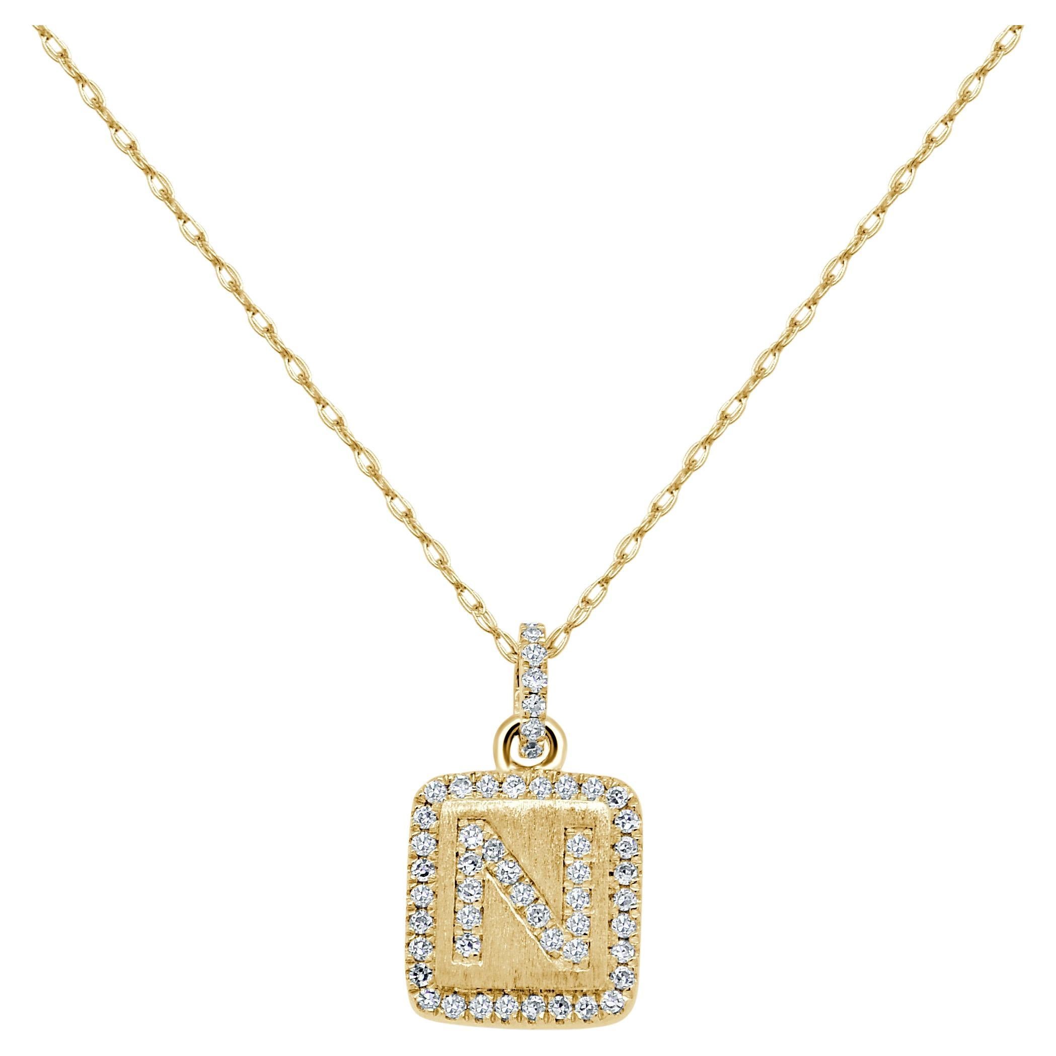 14K Yellow Gold Diamond Plate Initals N Necklace for Her