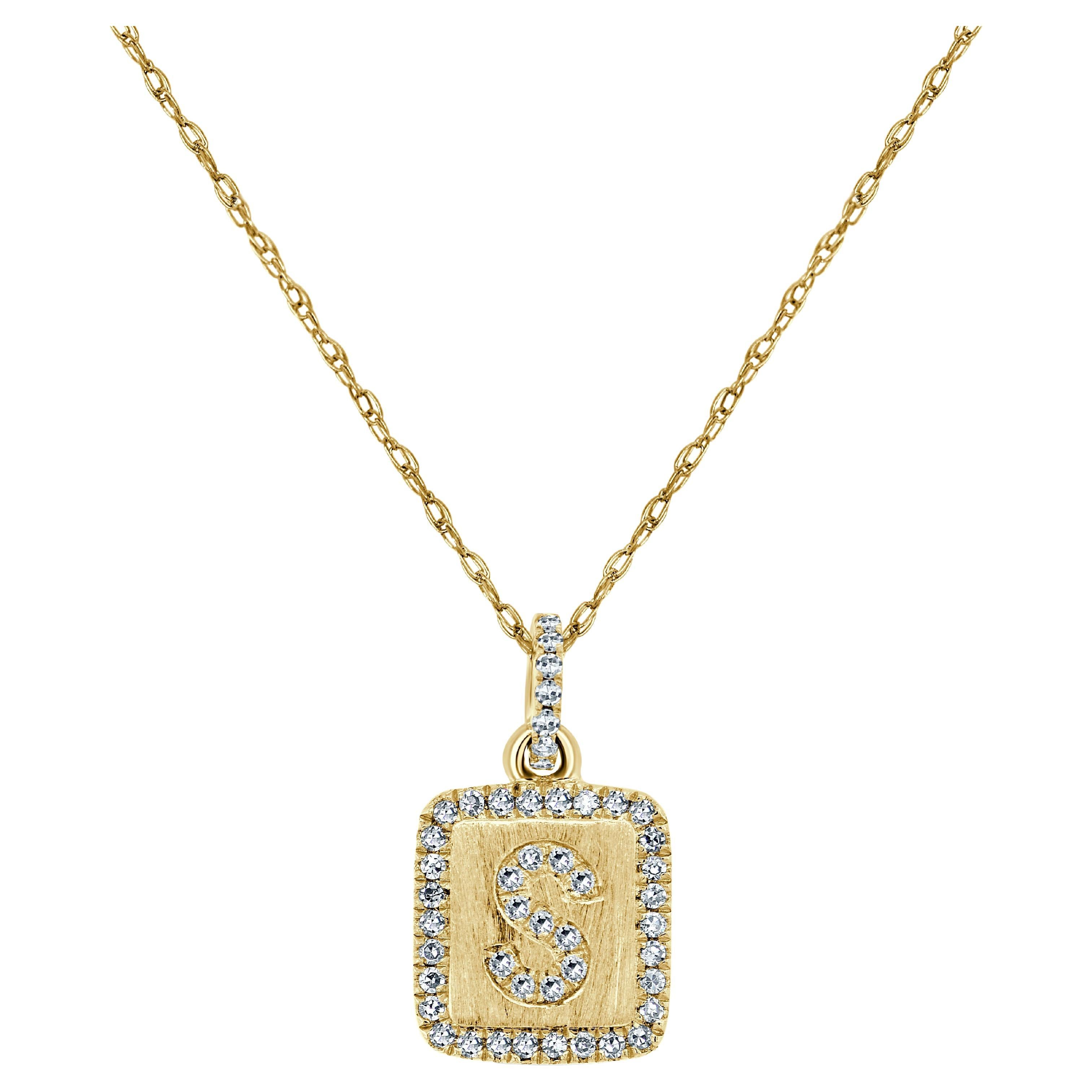 Collier d'initiales S en or jaune 14 carats avec plaque de diamants pour elle
