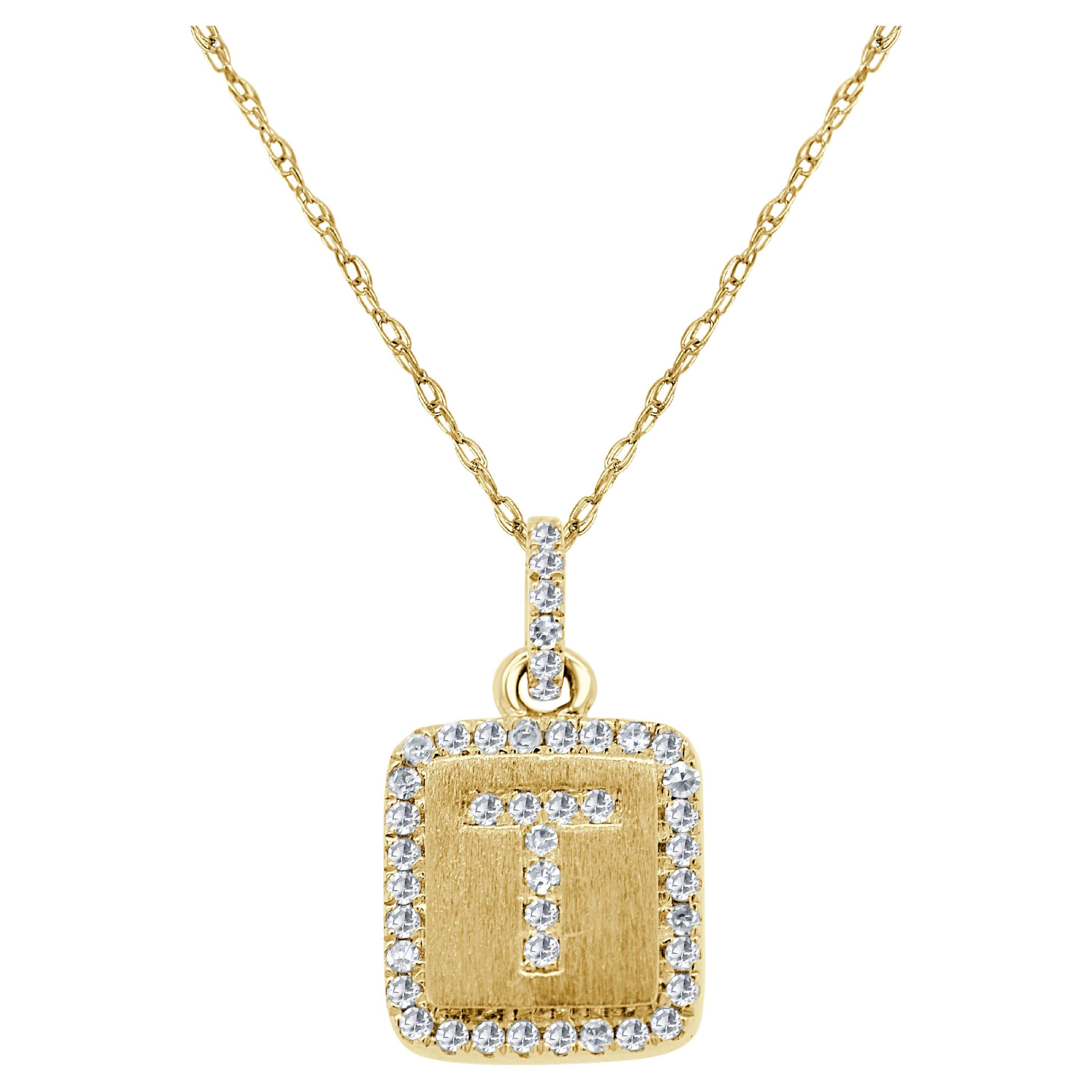 Collier d'initiales en T en or jaune 14 carats avec plaque de diamants pour elle en vente