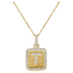 14K Yellow Gold Diamond Plate Initals T Necklace for Her