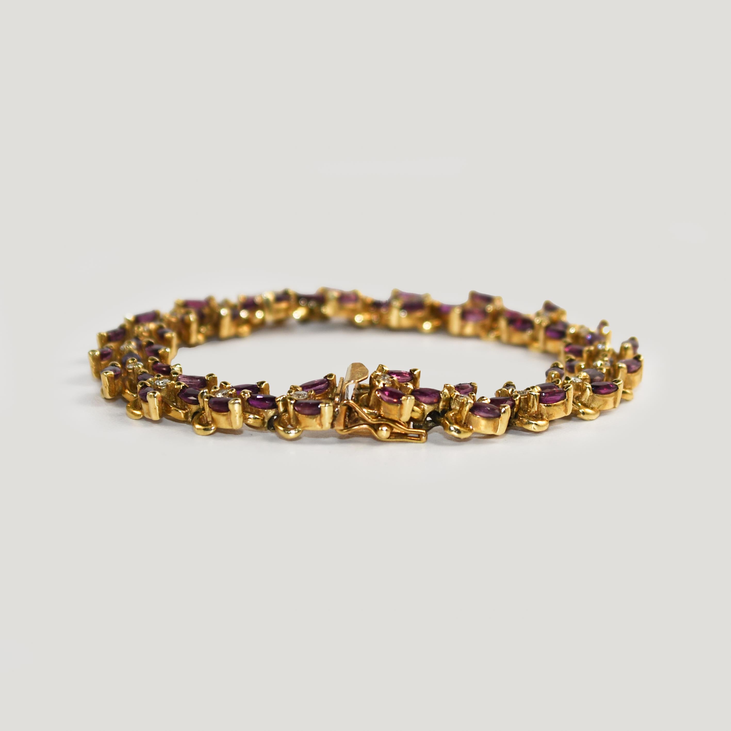 Fancy 14K Yellow Gold Diamond & Rhodolite Garnet Bracelet - Length 6.5