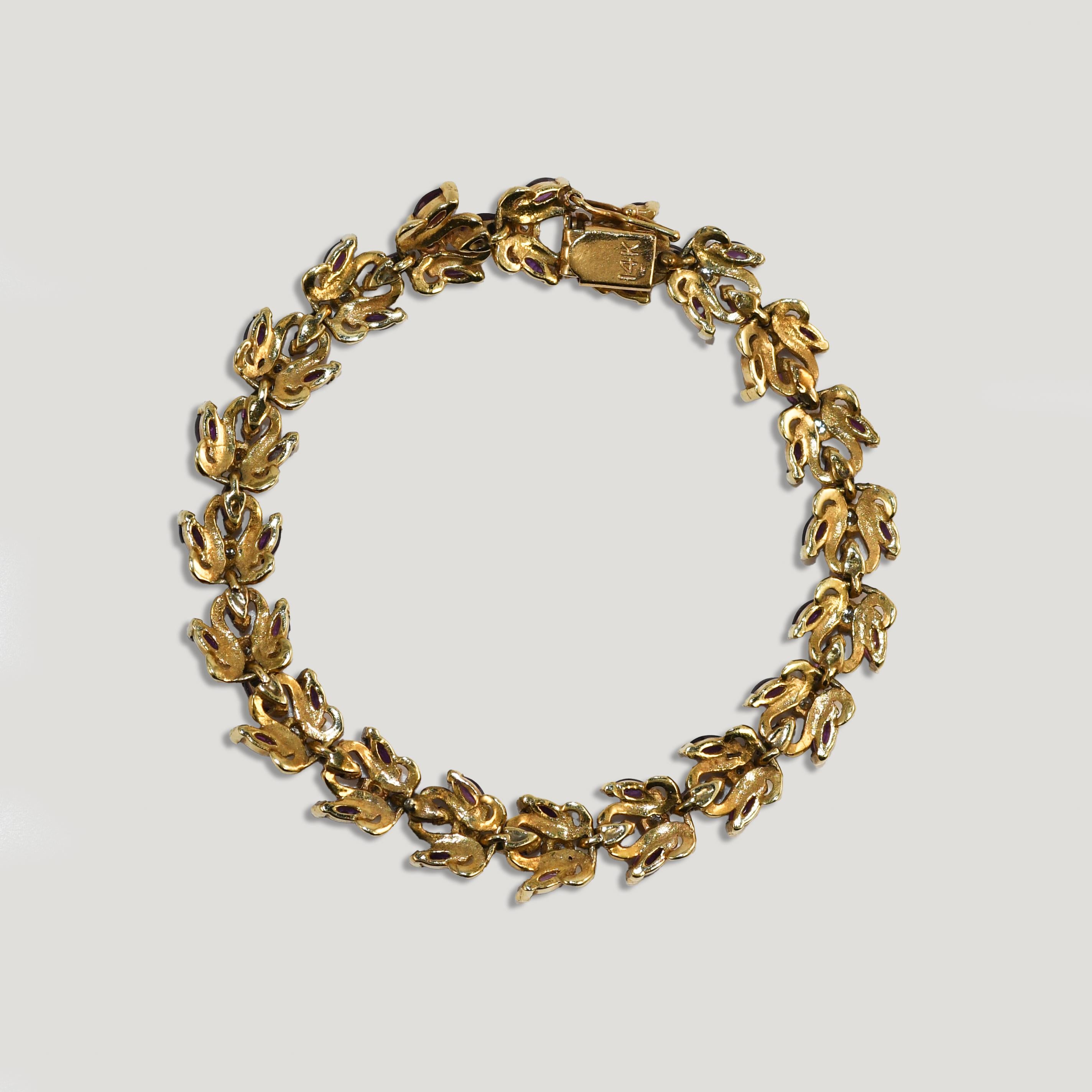 Marquise Cut 14K Yellow Gold Diamond & Rhodolite Garnet Bracelet 16.1g For Sale