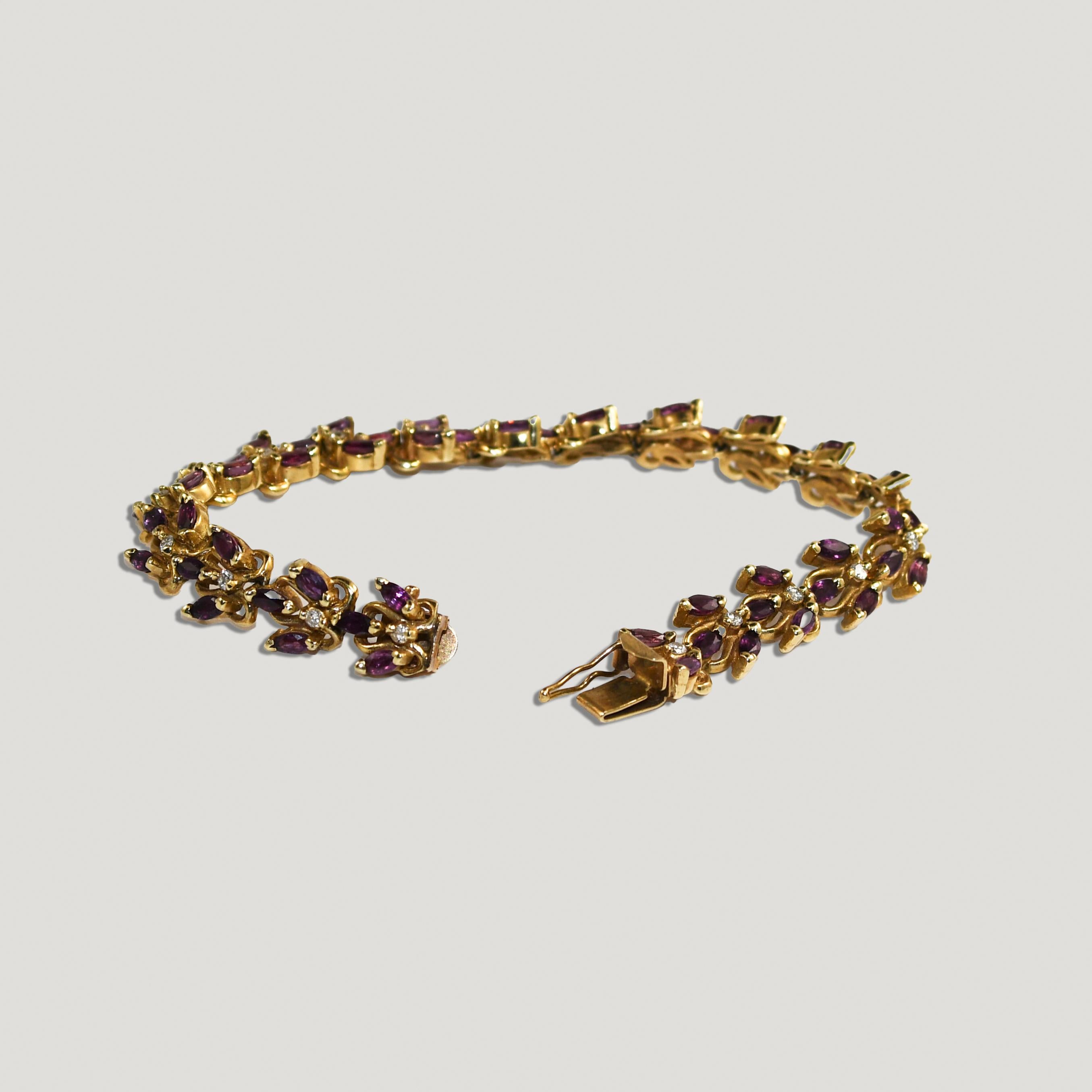 Women's or Men's 14K Yellow Gold Diamond & Rhodolite Garnet Bracelet 16.1g For Sale