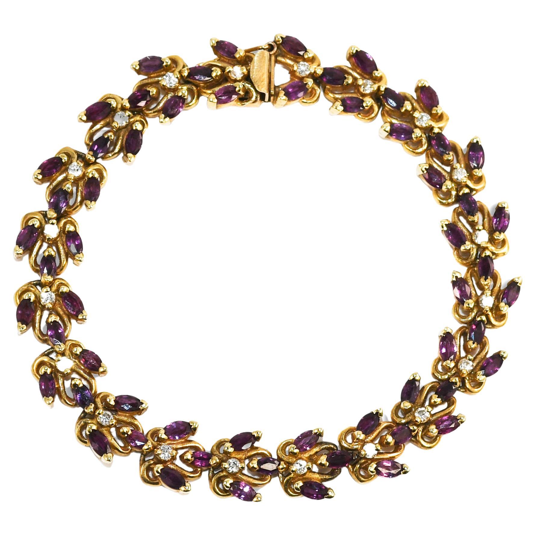 14K Yellow Gold Diamond & Rhodolite Garnet Bracelet 16.1g For Sale