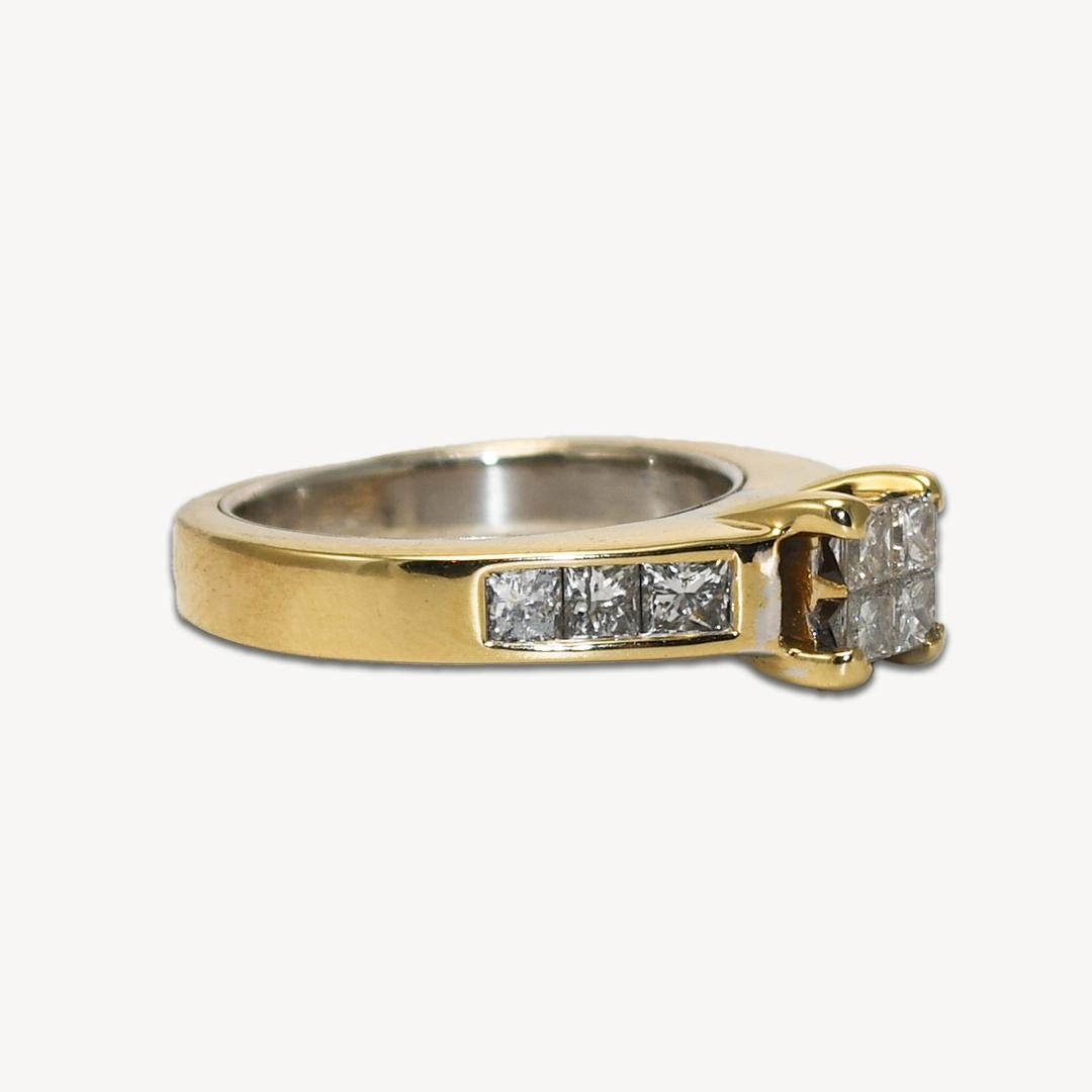 Ladies diamond ring with 14k yellow gold setting. 
Tests 14k and weighs 5.9 grams. 
There are princess cut diamonds, .80 total carats, H color, and Si clarity. 
The ring size is 5 and can be sized.
Very good condition.