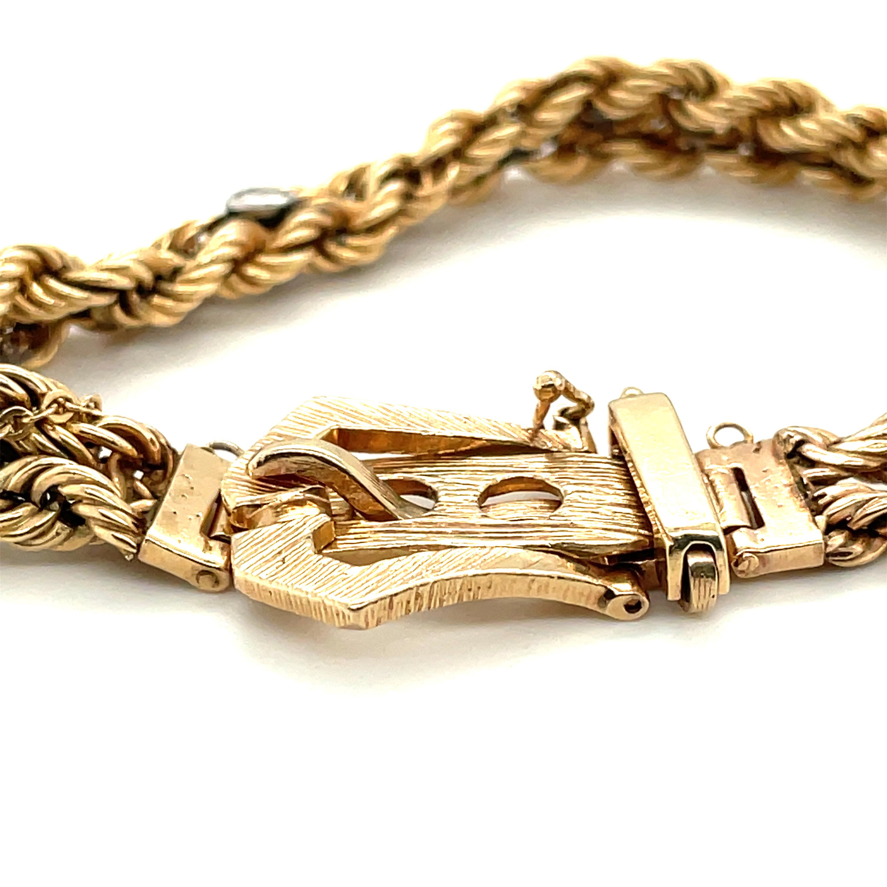 Round Cut 14K Yellow Gold Diamond Rope Chain Buckle Bracelet For Sale