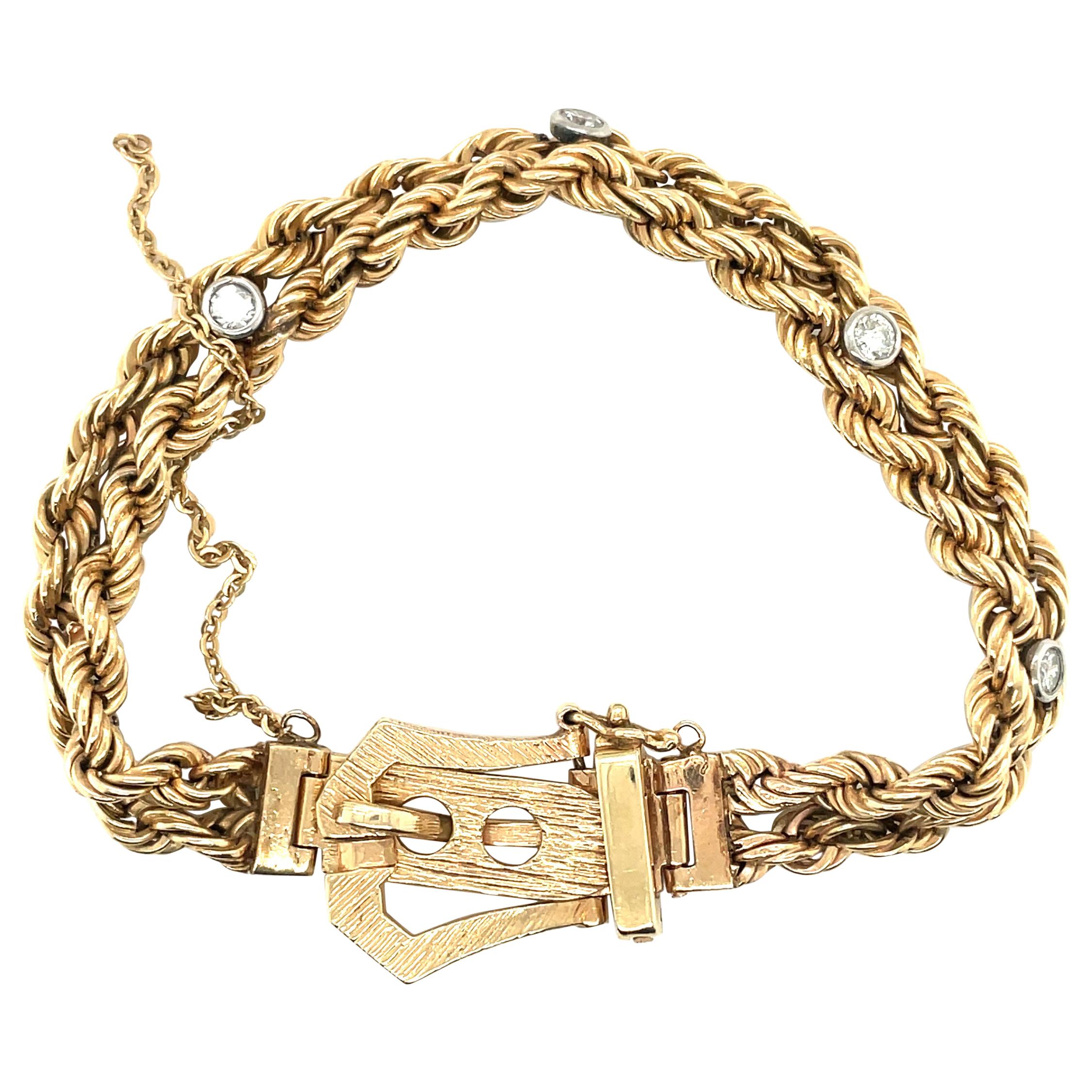 14K Yellow Gold Diamond Rope Chain Buckle Bracelet For Sale