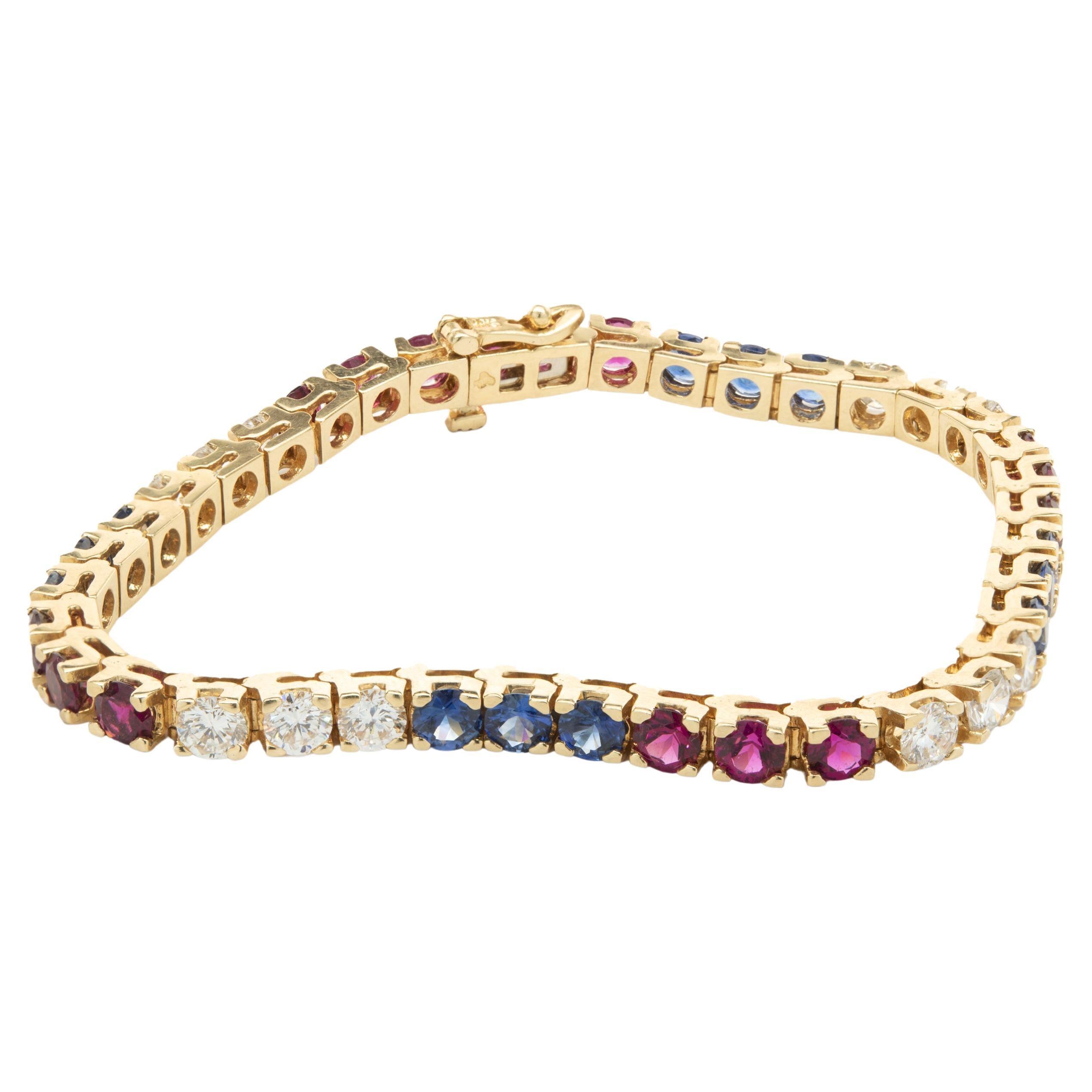 14k Yellow Gold Diamond, Ruby, and Sapphire Tennis Bracelet For Sale