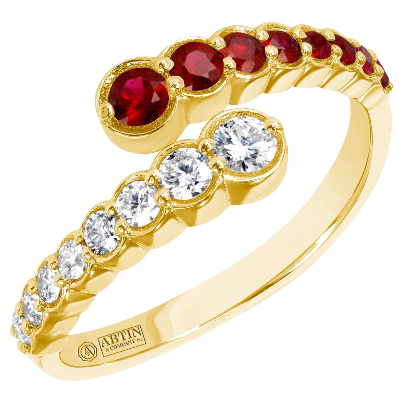 14K Yellow Gold Diamond & Ruby Bezel Bypass Ring Band  For Sale