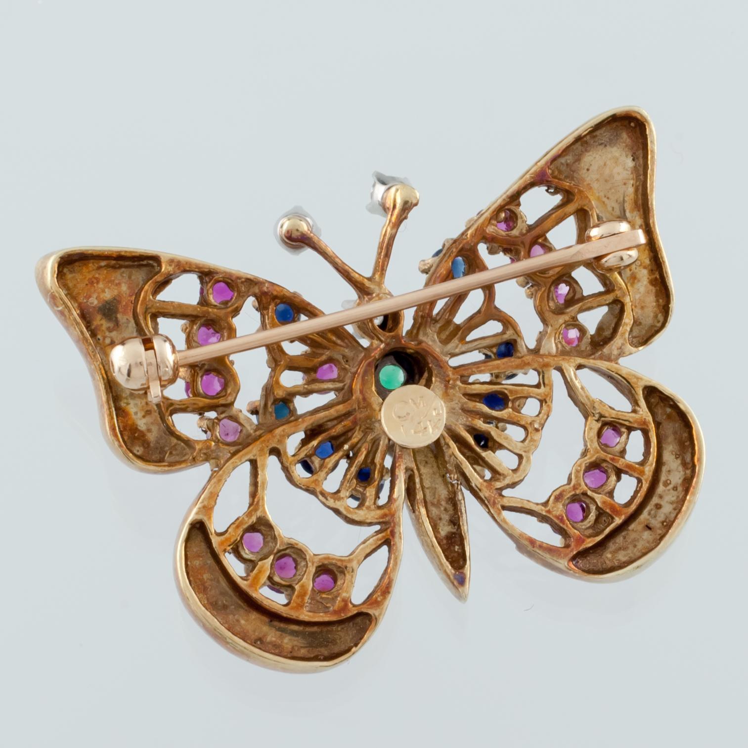 Round Cut 14k Yellow Gold Diamond, Ruby, Emerald, and Sapphire Butterfly Brooch For Sale