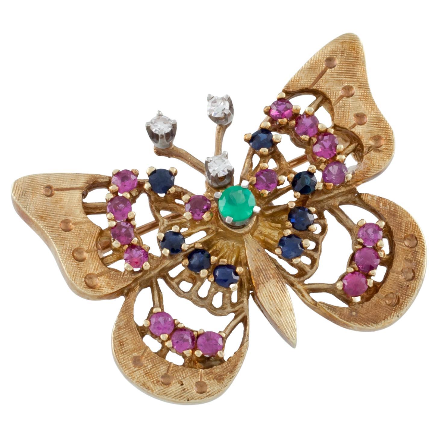 14k Yellow Gold Diamond, Ruby, Emerald, and Sapphire Butterfly Brooch For Sale