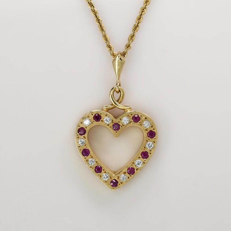 14k Yellow Gold Diamond and Ruby Heart Pendant Necklace, 9g For Sale at