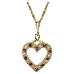 14k Yellow Gold Diamond and Ruby Heart Pendant Necklace, 9g