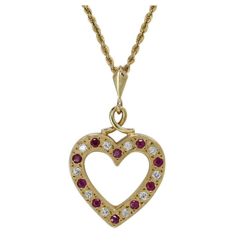 14k Yellow Gold Diamond and Ruby Heart Pendant Necklace, 9g For Sale at