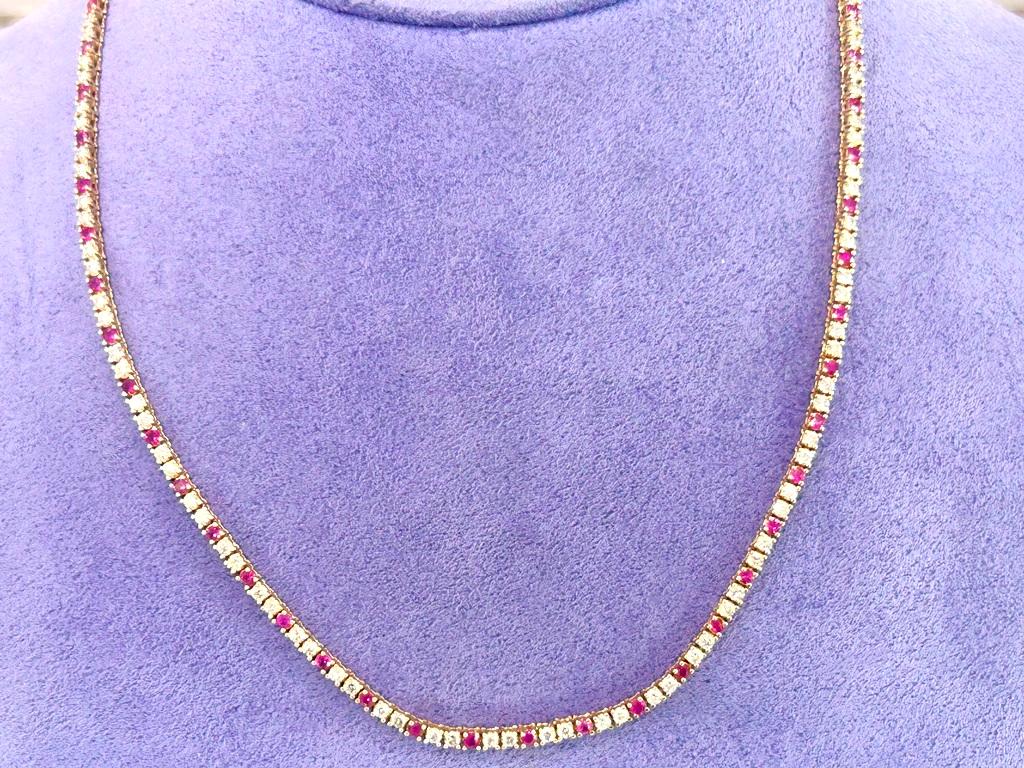 Round Cut 14K Yellow Gold Diamond & Ruby Tennis Necklace 4.82 Carats For Sale