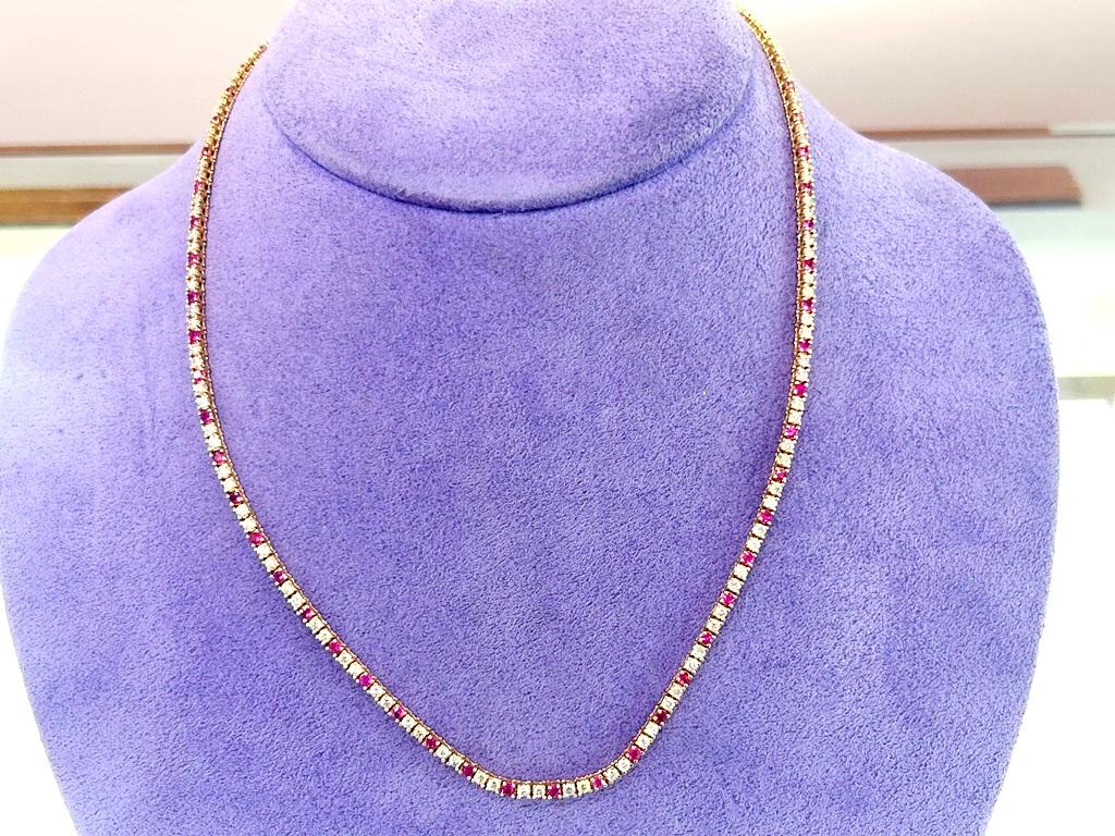 Women's or Men's 14K Yellow Gold Diamond & Ruby Tennis Necklace 4.82 Carats For Sale