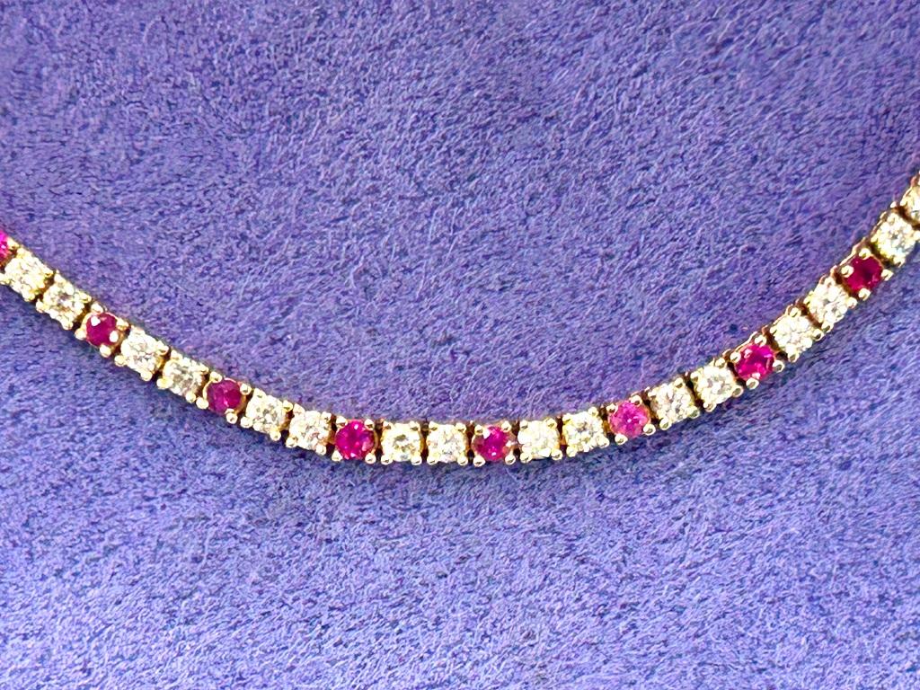 14K Yellow Gold Diamond & Ruby Tennis Necklace 4.82 Carats For Sale 1